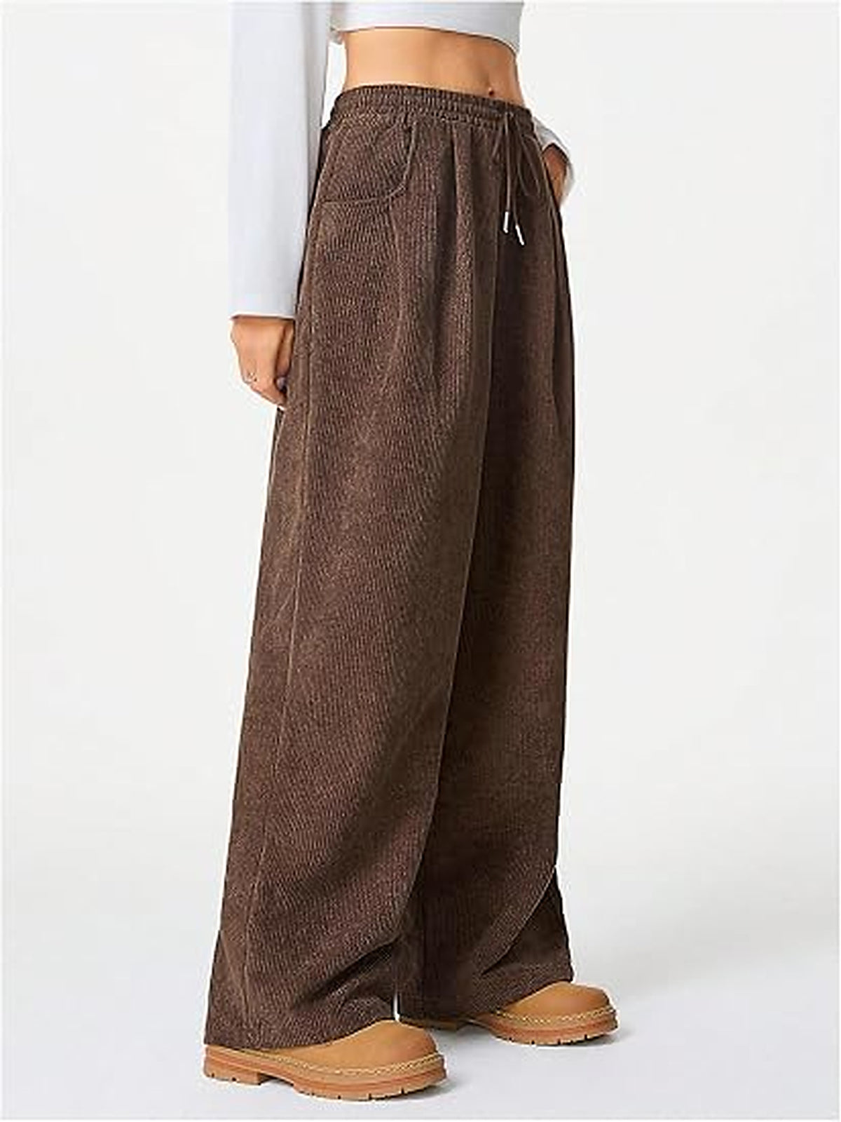 WQD Women's Wide Leg Corduroy Pants High Waisted Drawstring Casual Lounge Trousers with Pockets Relaxed Fit for Fall Winter
