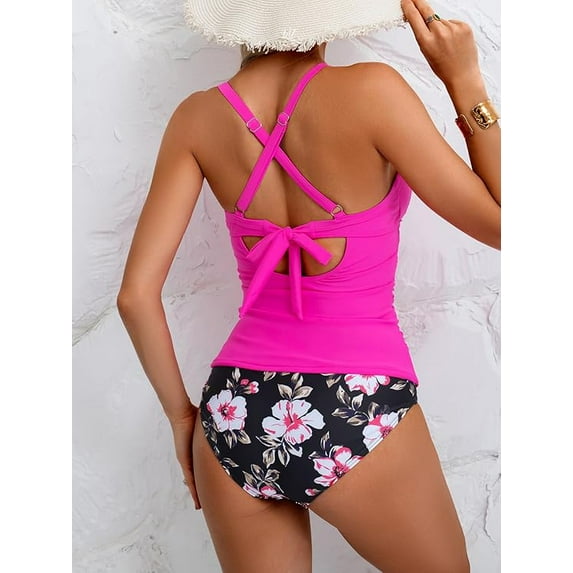 WQD Womens Tankini Swimsuits Ruched Tummy Control Bathing Suits 2 Piece V Neck Wrap Tie Back Swimwear