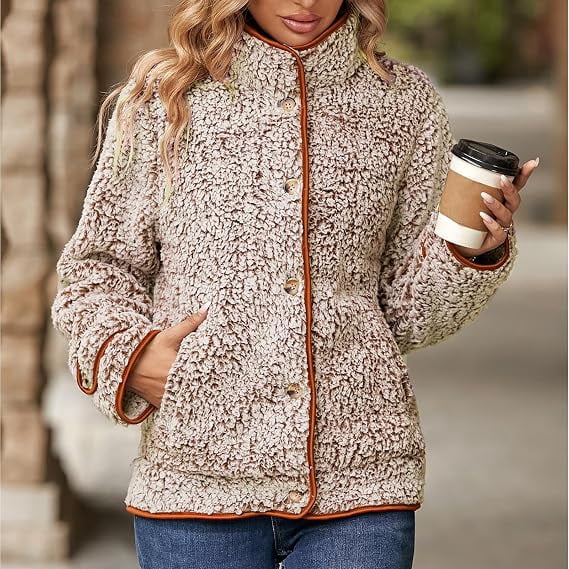 Women's Fleece Jacket Sherpa Teddy Fleece Coat Button Front Warm Outerwear with Pockets Stand Collar for Fall Winter