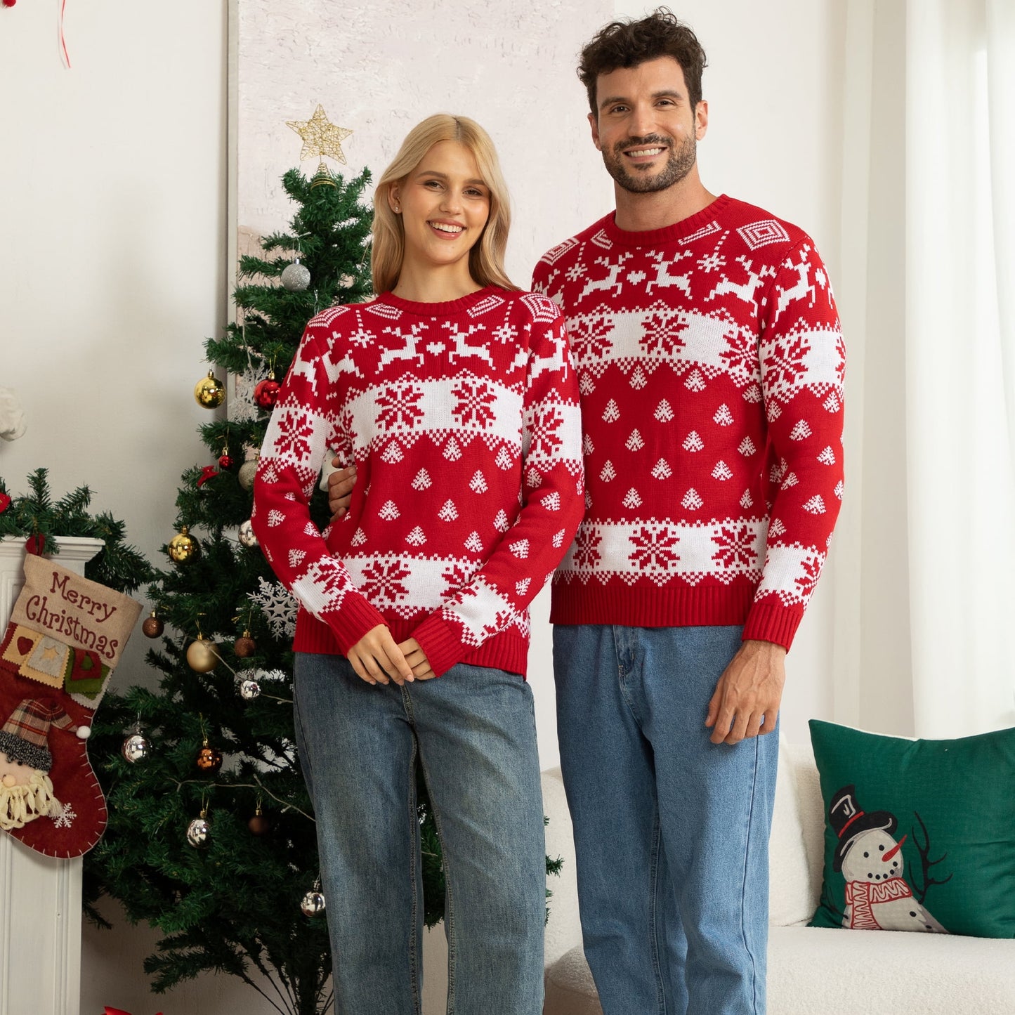 WQD Christmas Sweater Family Couples Warm Thick Casual Knitted Pullover Top Xmas Elk Snowflake Reindeer Sweatshirt for Holiday Party New Year
