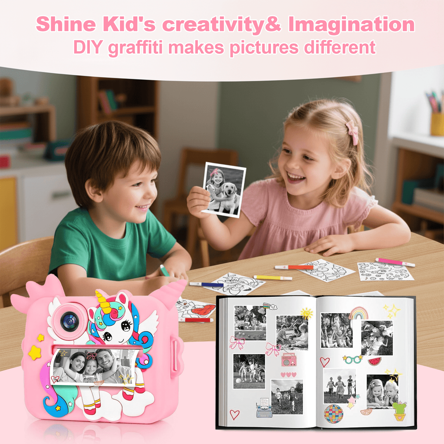 Flynow Kids Camera Toy Instant Print, Children Digital Camcorder, Christmas Birthday Gifts for Girls Boys Toddler Ages 3-12, 4 5 6 7 8 9 Year Old, 1080P HD Video with 32G SD Card Cartoon Soft Cover