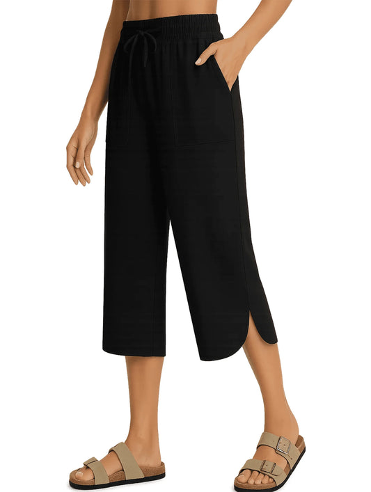 WQD Women's Capri Pants High Waisted Linen Wide Leg Trousers Summer Casual Palazzo Work Pants with Pockets
