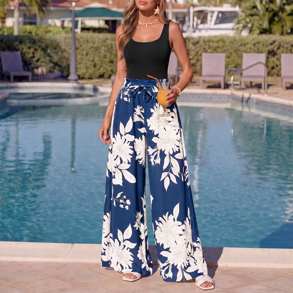 WQD Women's Wide Leg Pants Casual Elastic Waist Printed Palazzo Pants with Pockets Flowy Loose Trousers for Vacation Beach Travel