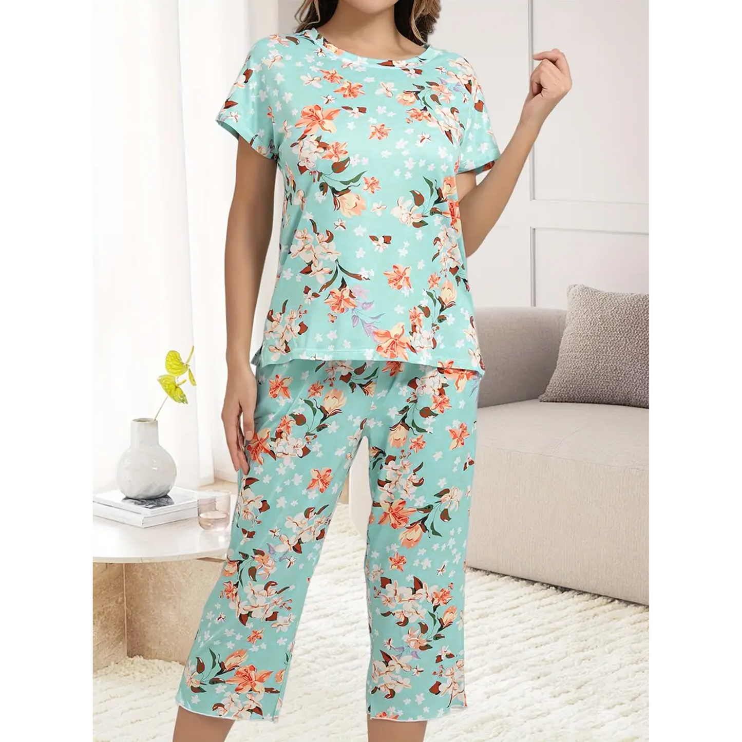 WQD Womens Pajama Sets Pj Set Floral Print Short Short Sleeve Top With Capri Pants Sleepwear 2 Piece Loungewear with Pockets