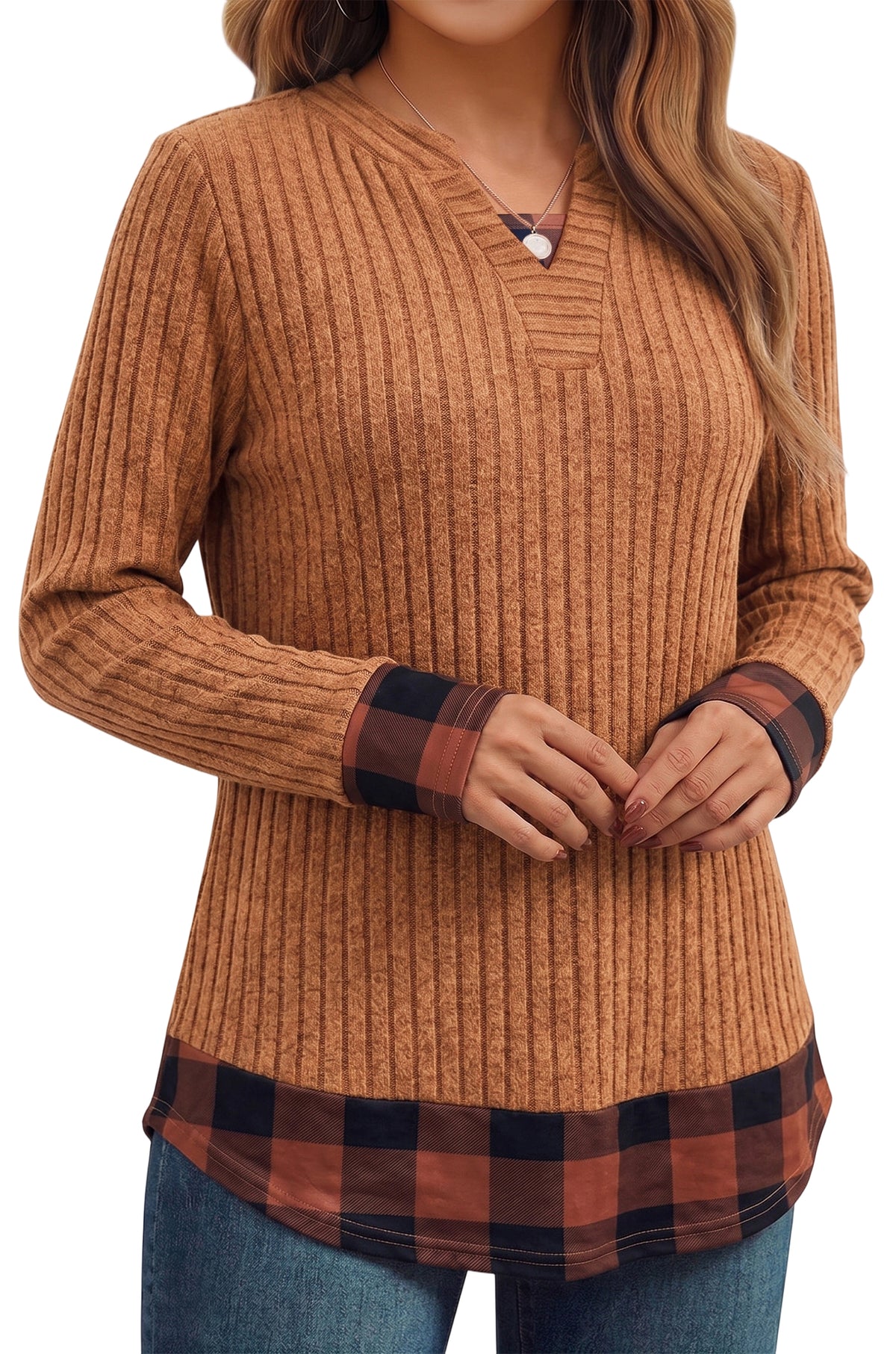 Long Sleeve Shirts for Women Casual V Neck Plaid Fake Two Piece Tops Lightweight Knit Tops Plus Size S-4XL