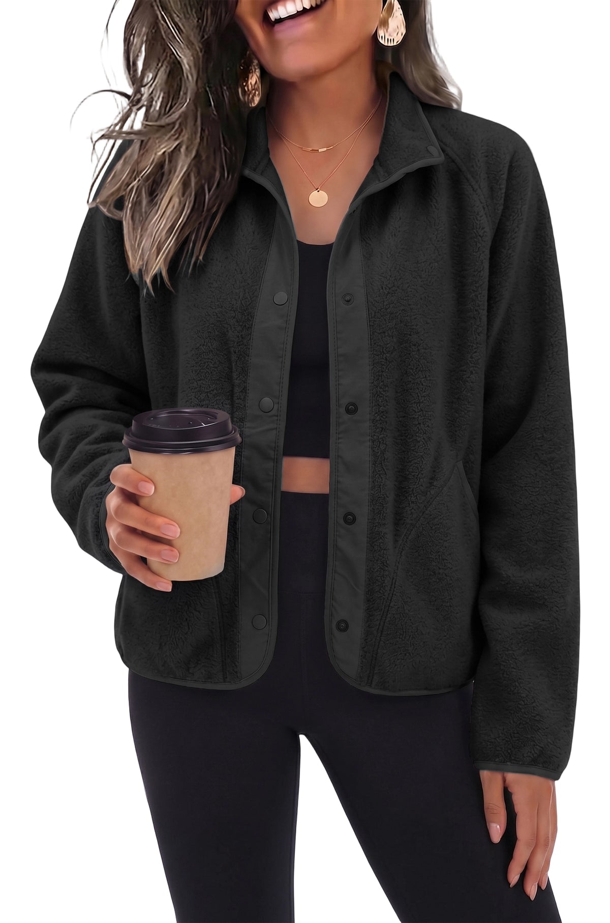 Women's Fleece Jacket Lightweight Stand Collar Long Sleeve Snap Button Front Outerwear Jacket with Side Pockets