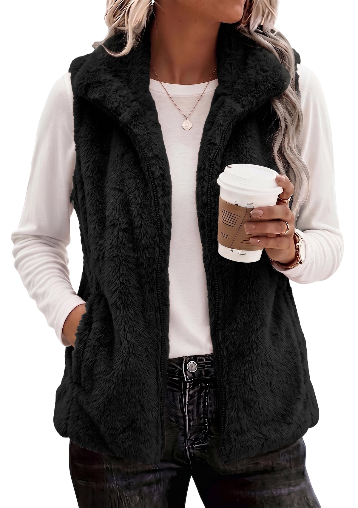 Women's Sherpa Fleece Vest Zip Up Lightweight Sleeveless Jacket with Pockets Soft Warm Casual Outerwear for Fall and Winter