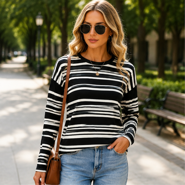 WQD Womens Long Sleeve Sweater Tops Crew Neck Striped Sweater for Women Lightweight Pullover Sweaters Casual Striped Womens Top Sweater