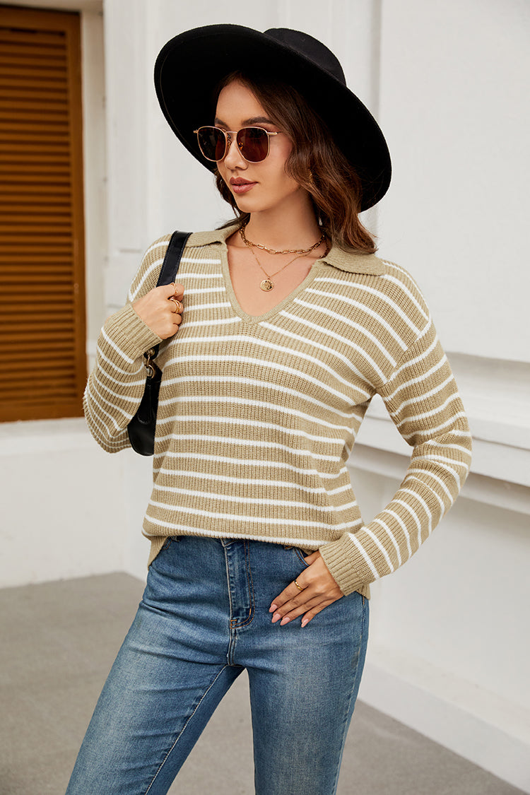 WQD Sweaters for Women Striped V Neck Collared Lightweight Knit Pullover Long Sleeve Casual Sweater for Spring Fall Winter