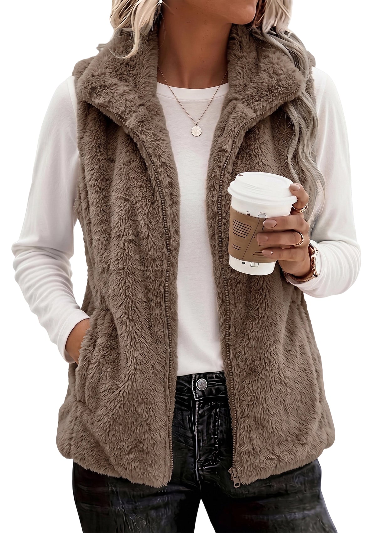 Women's Sherpa Fleece Vest Zip Up Lightweight Sleeveless Jacket with Pockets Soft Warm Casual Outerwear for Fall and Winter