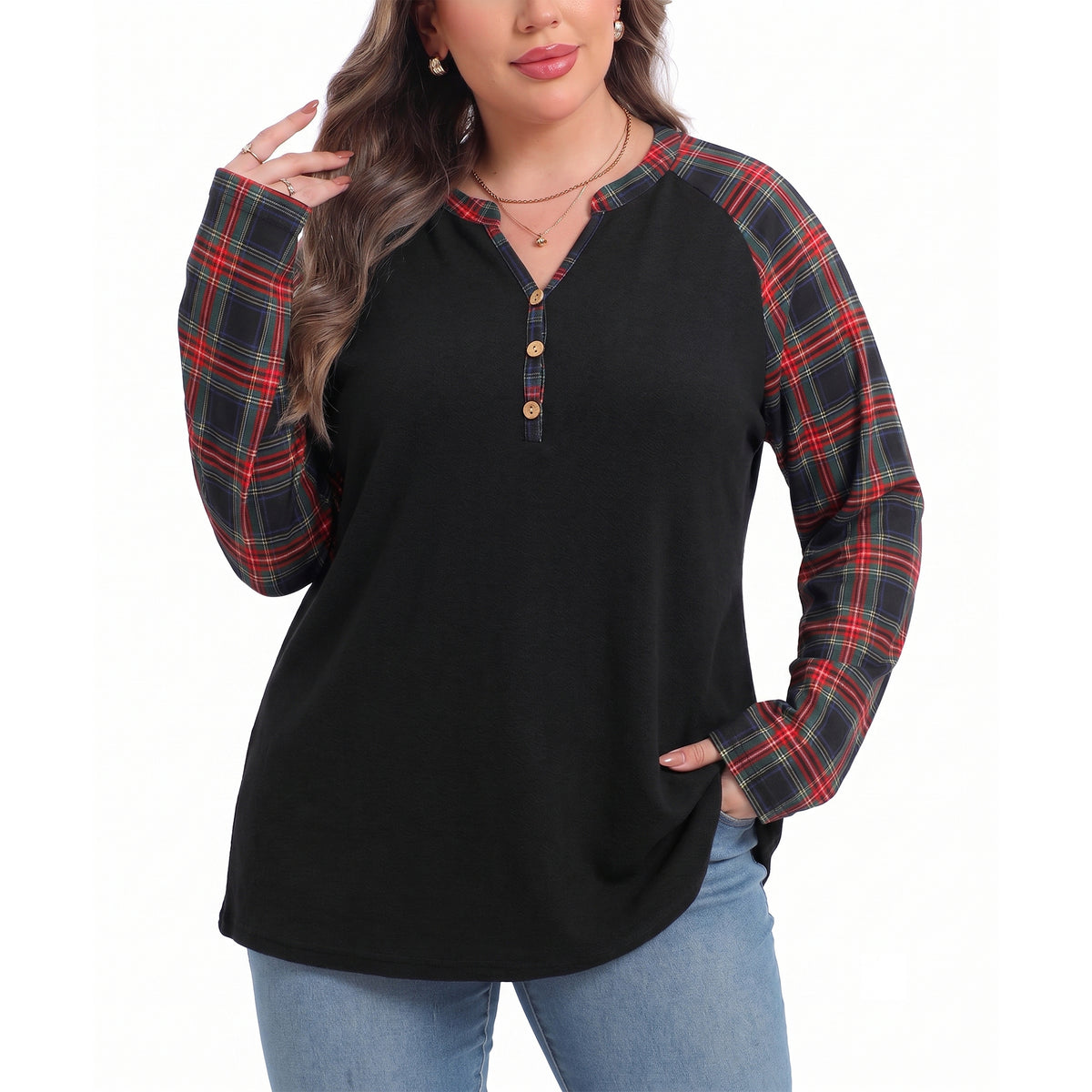 WQD Women's Long Sleeve Tops Plaid Raglan Sleeve Henley Tunic Shirt V Neck Button Casual Top for Spring Fall Winter