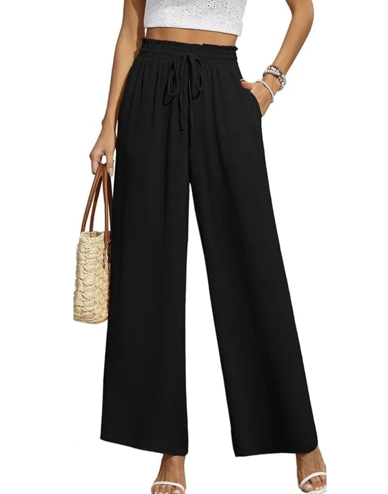 WQD Wide Leg Pant For Women Casual Flowy Dressy Palazzo Pants Adjustable Tie Knot Elastic Waist with Pockets
