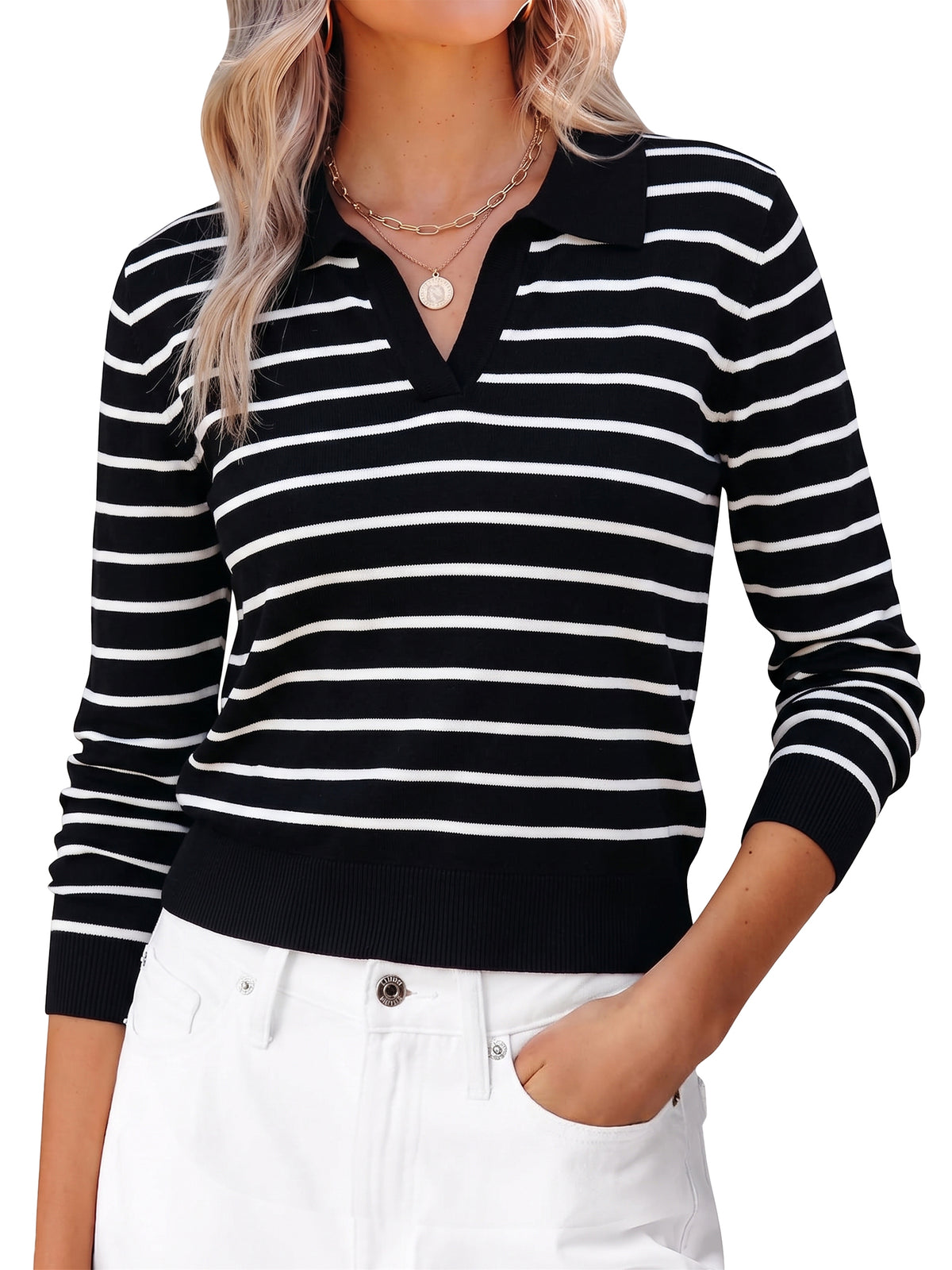 Sweaters for Women Polo Sweater Women Long Sleeve Rib Knit V Neck Pullover Lightweight Knit Top for Spring Fall Winter