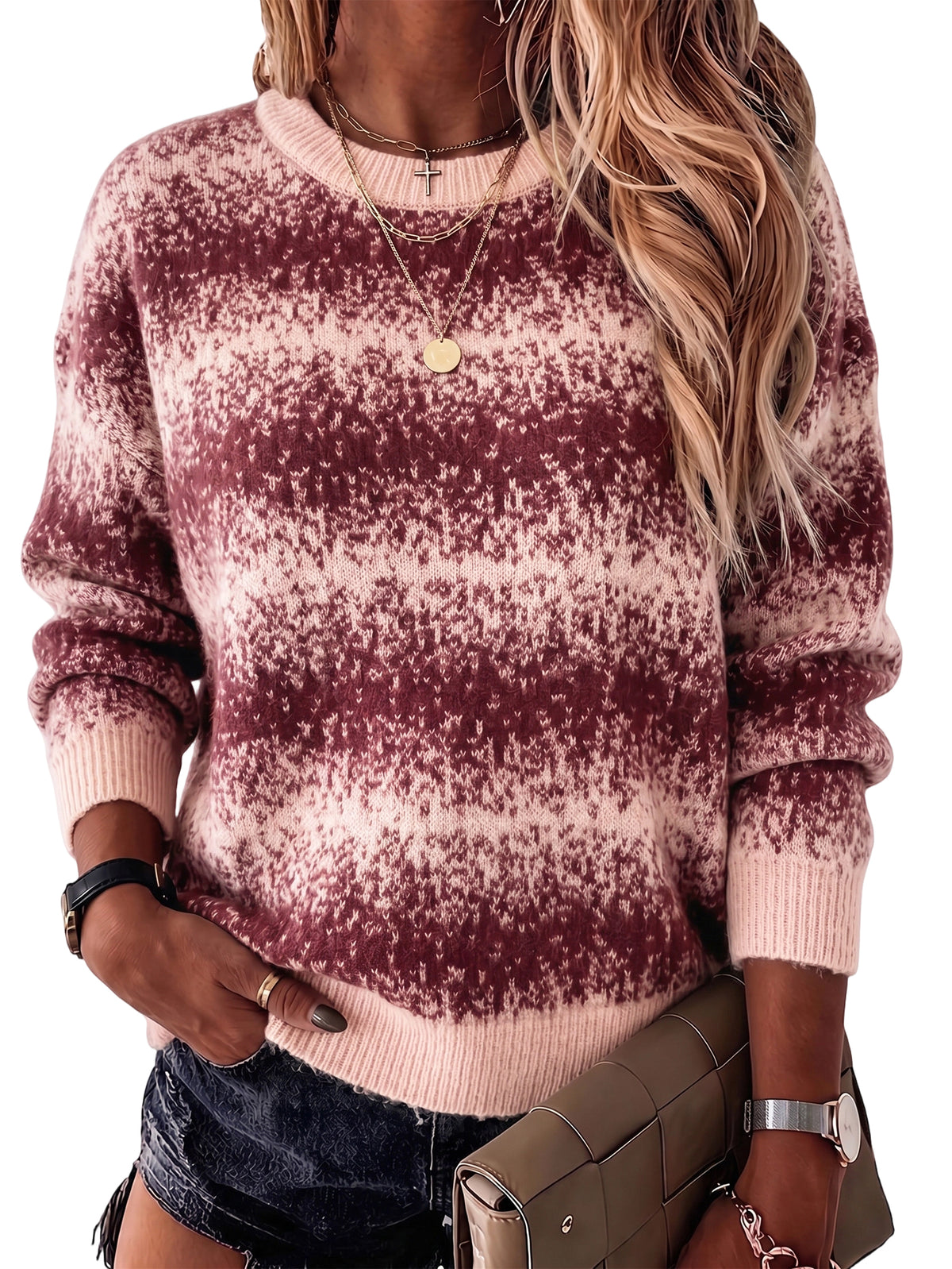 WQD Sweaters for Women Ombre Stripe Knit Sweater Long Sleeve Crewneck Casual Relaxed Fit Pullover for Spring Fall and Winter