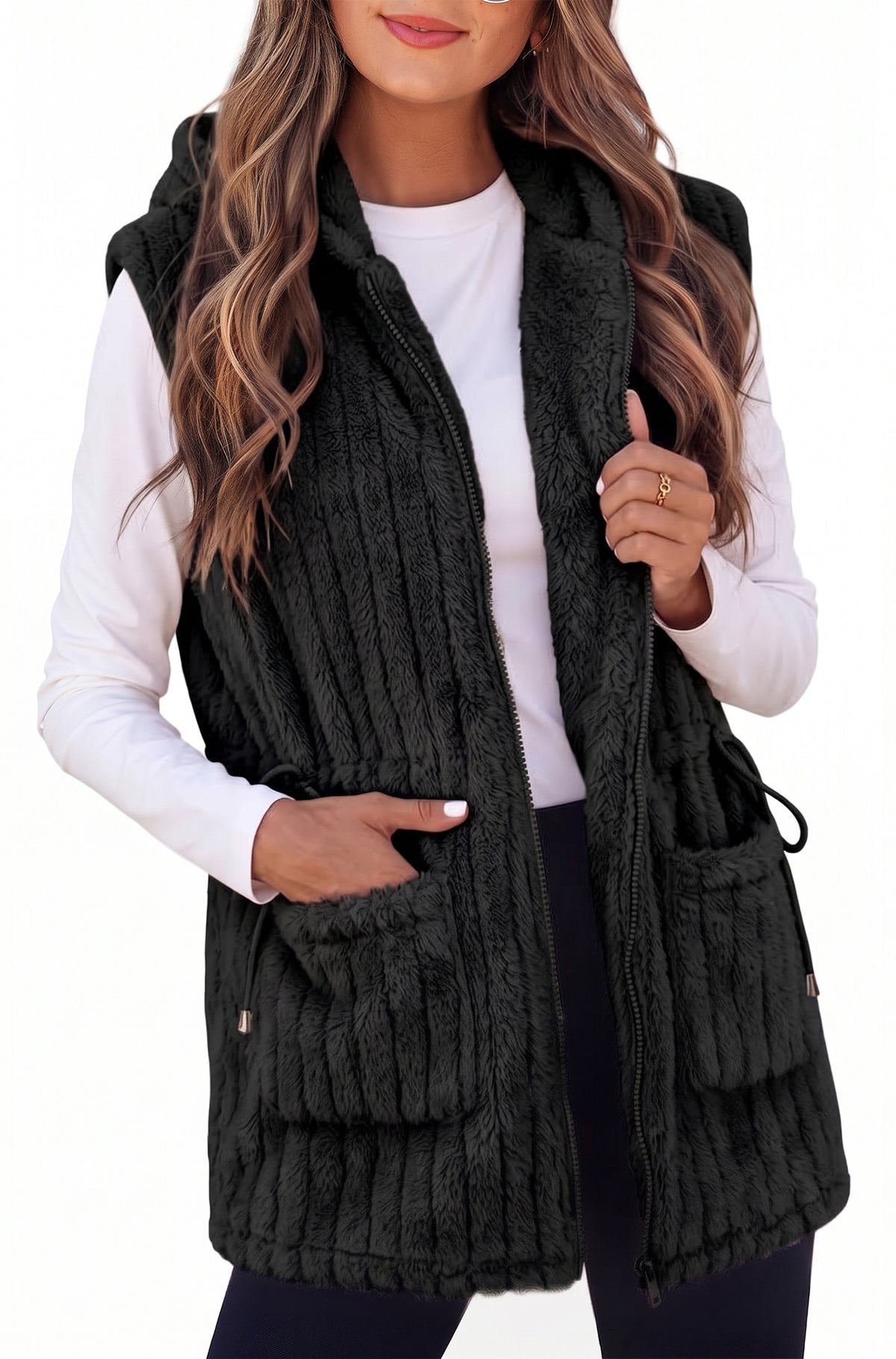 Womens Fleece Vest Hooded Sherpa Zip Front Sleeveless Jacket with Pockets Drawstring Waist Warm Outerwear for Spring Fall Winter