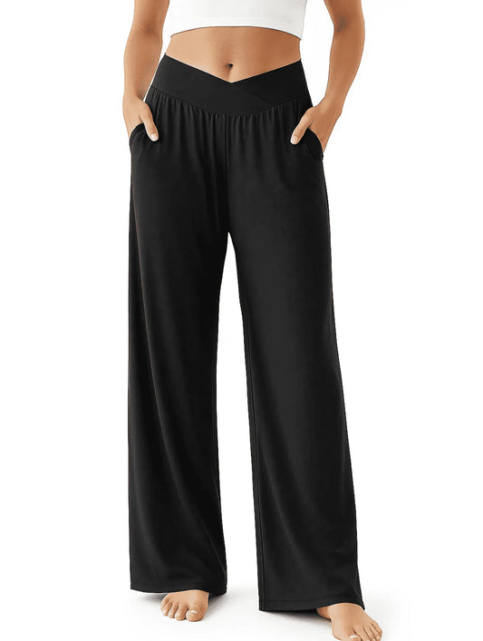 WQD Women's Wide Leg Yoga Sweatpants Comfy Crossover High Waisted Lounge Pants with Pockets Casual Loose Fit Flowy Pajama Pants