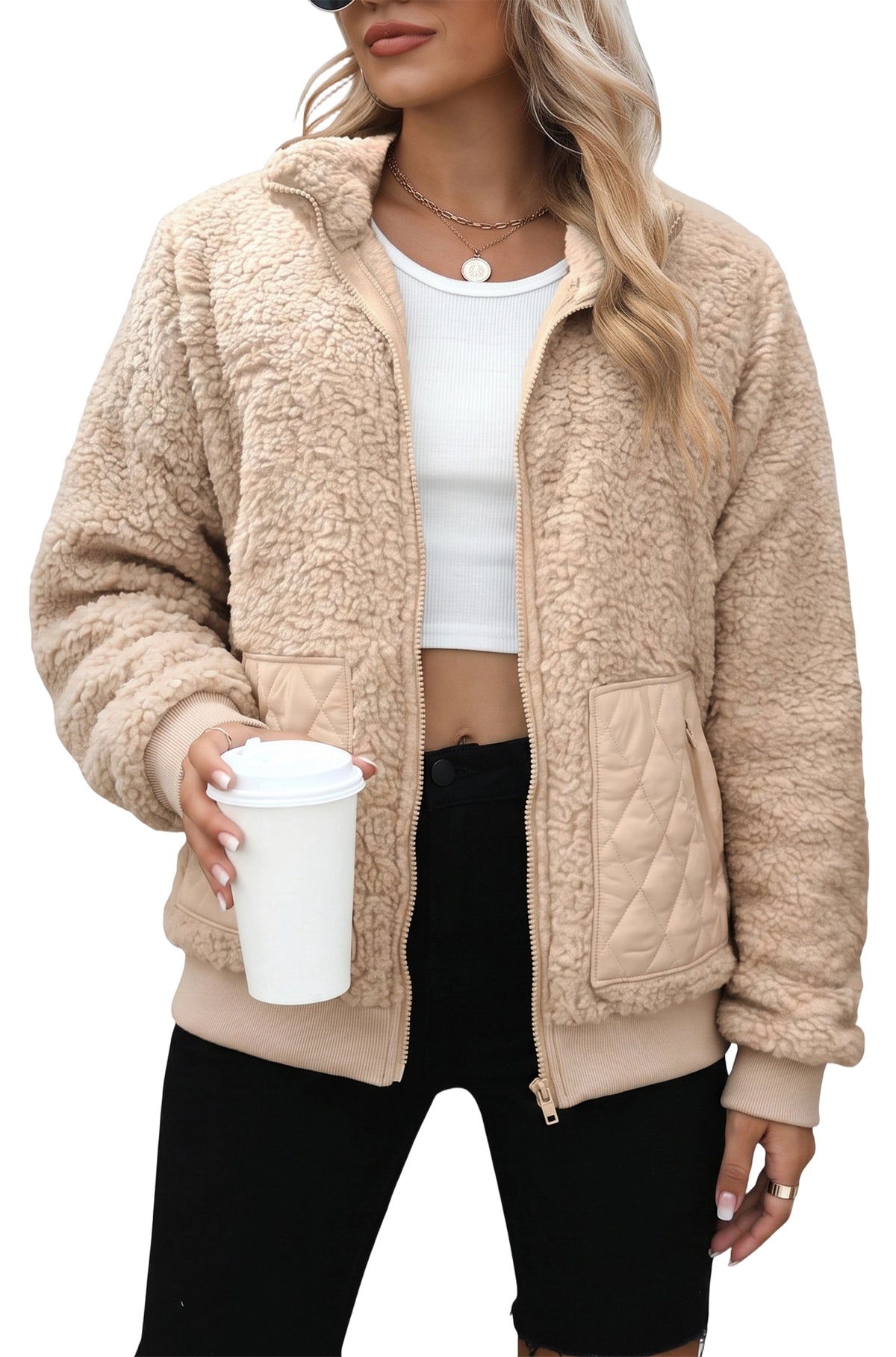 Womens Fleece Jacket Lightweight Zip Up Casual Long Sleeve Jacket with Quilted Pockets Cozy Fall Winter Outerwear