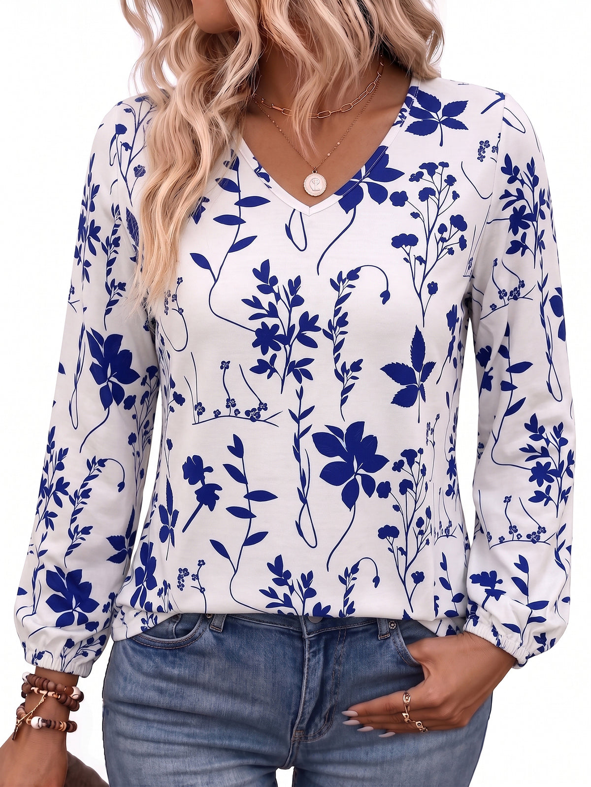 Women's Long Sleeve Floral Blouses V Neck Casual Tops Lightweight Printed Shirts for Spring Fall Winter Available in Plus Size