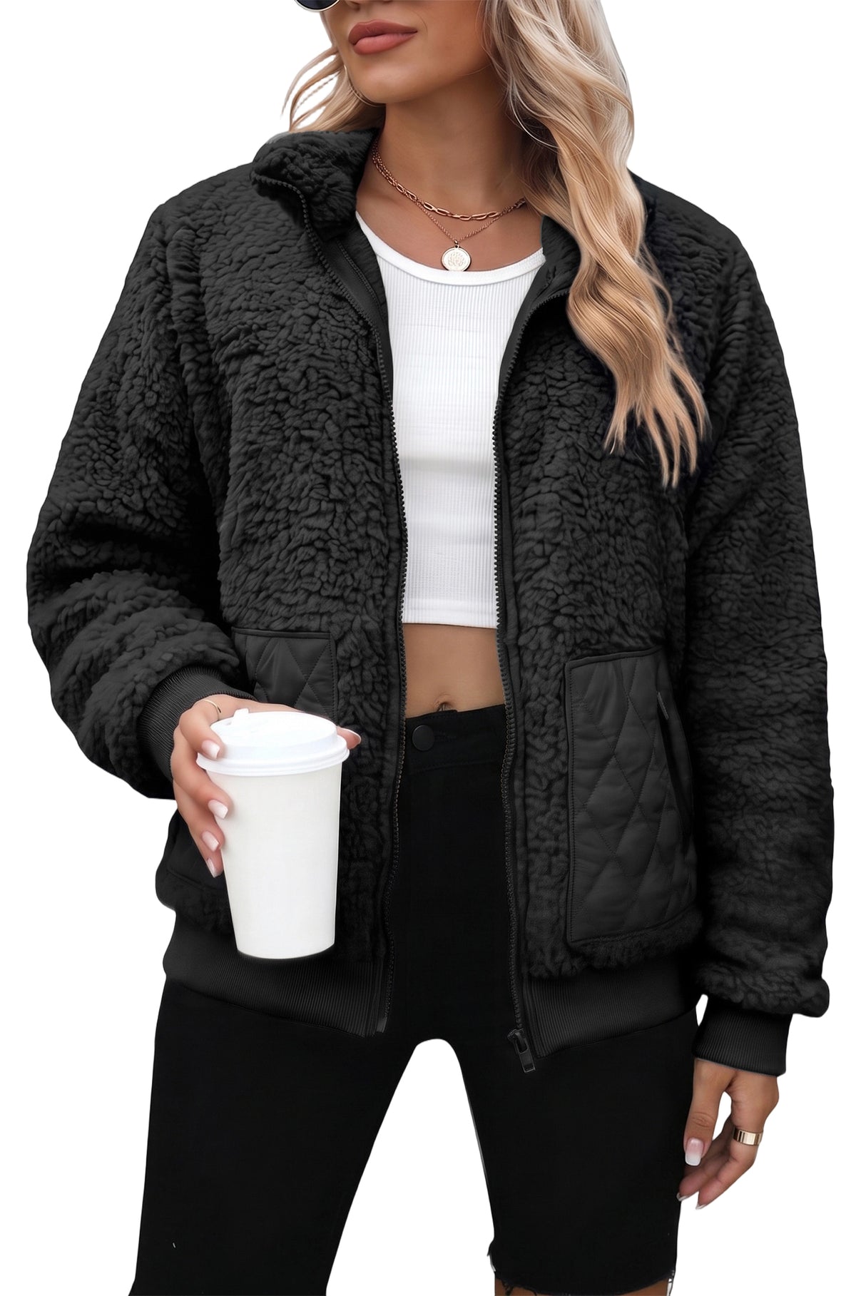 Womens Fleece Jacket Lightweight Zip Up Casual Long Sleeve Jacket with Quilted Pockets Cozy Fall Winter Outerwear