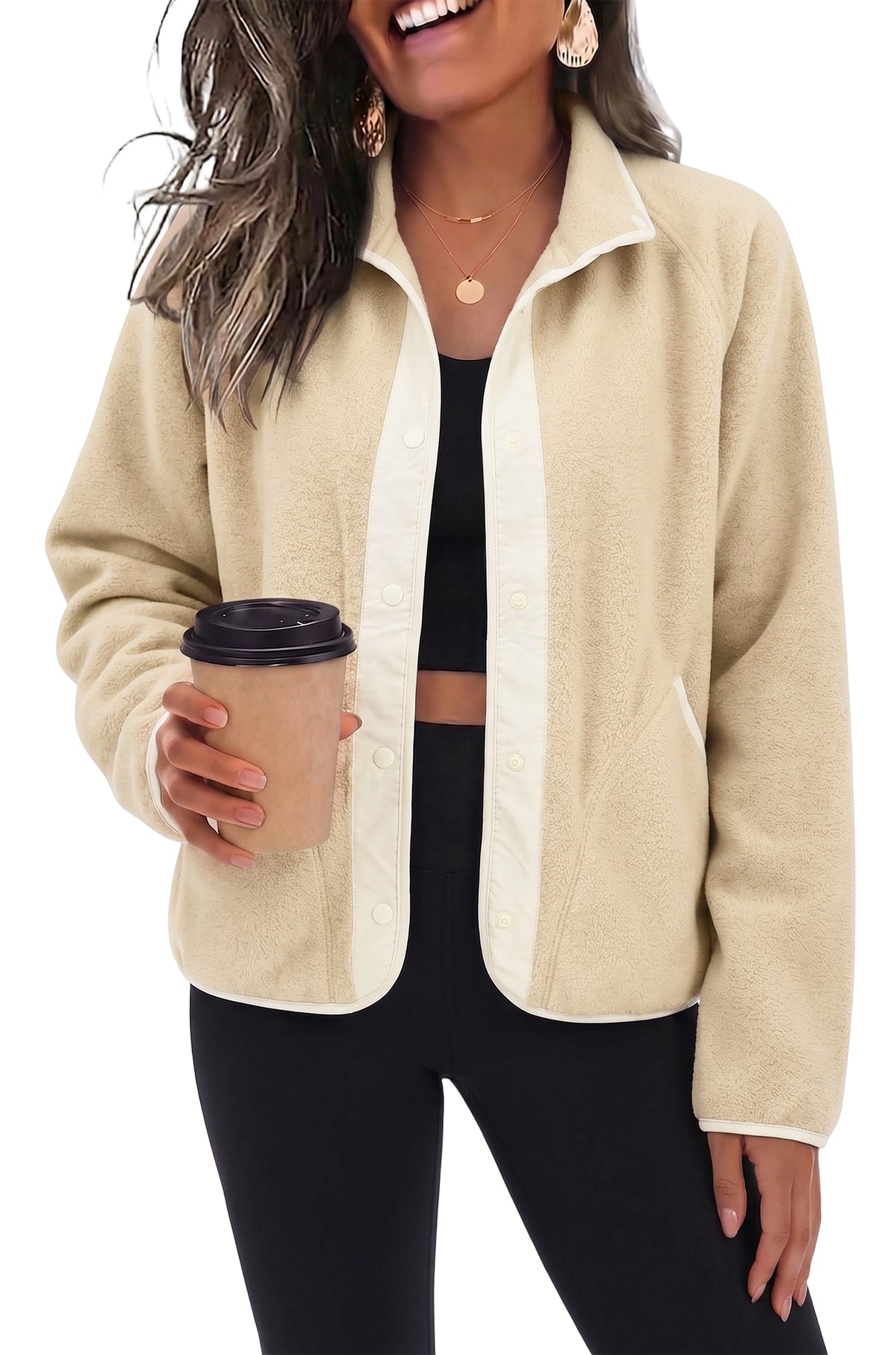 Women's Fleece Jacket Lightweight Stand Collar Long Sleeve Snap Button Front Outerwear Jacket with Side Pockets