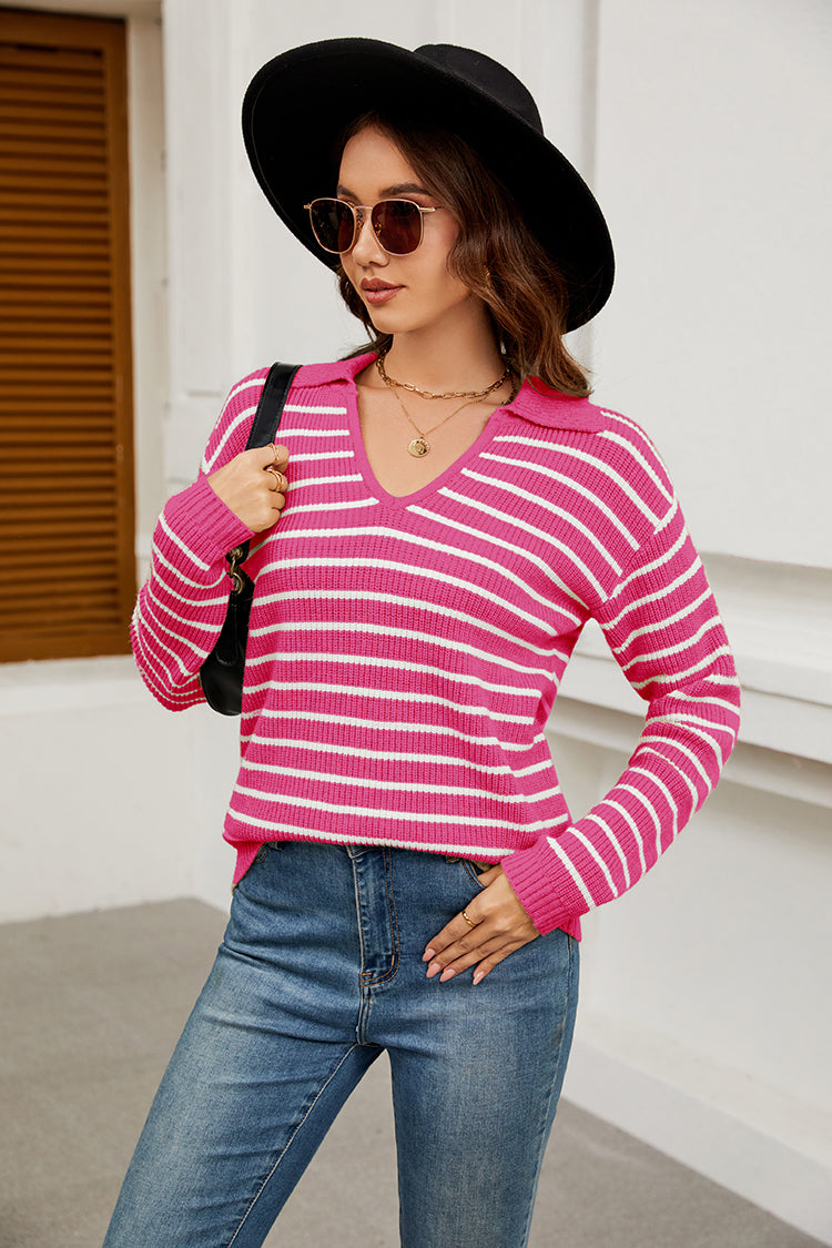 WQD Sweaters for Women Striped V Neck Collared Lightweight Knit Pullover Long Sleeve Casual Sweater for Spring Fall Winter