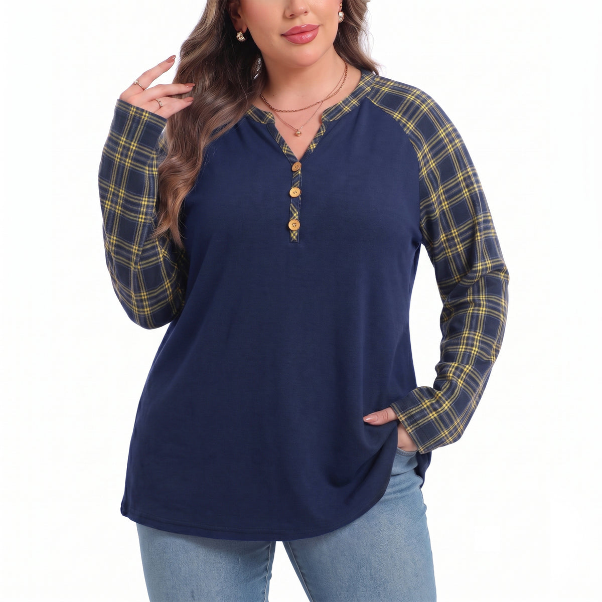 WQD Women's Long Sleeve Tops Plaid Raglan Sleeve Henley Tunic Shirt V Neck Button Casual Top for Spring Fall Winter