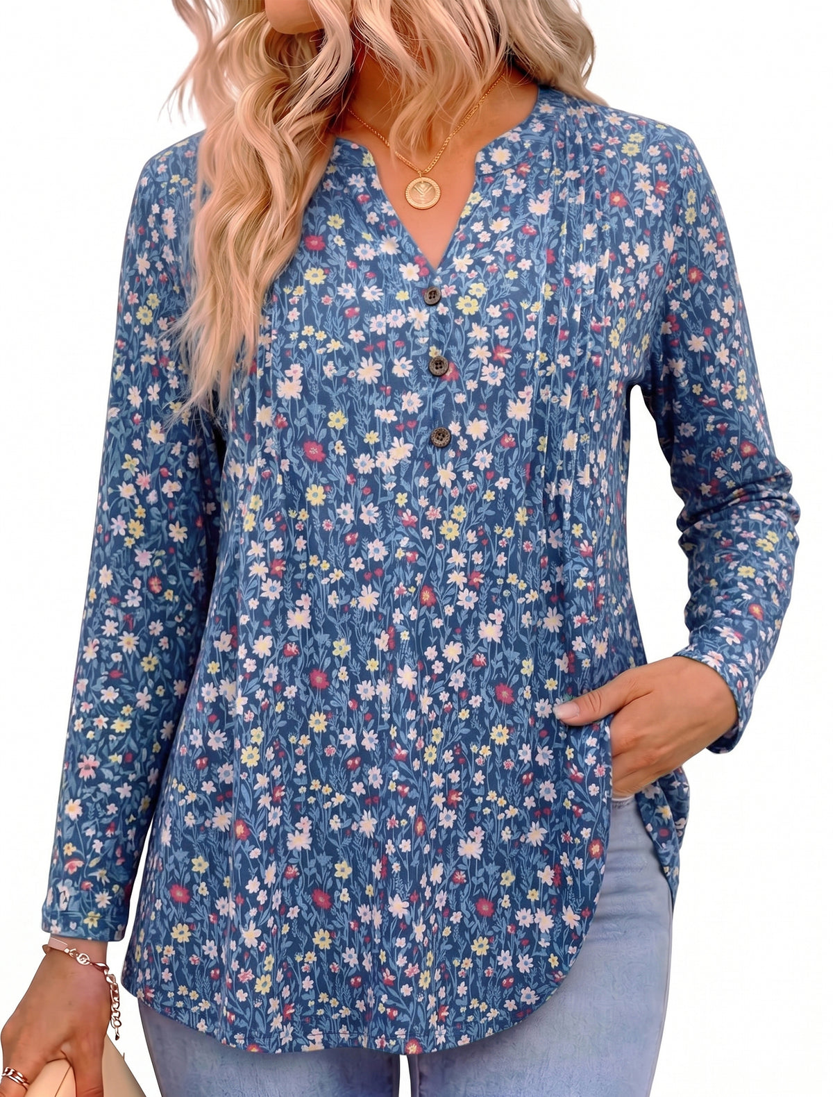 Women's Long Sleeve Tunic Tops Floral Pintuck Blouses Popover Shirts Dressy Casual Tops for Leggings Spring Fall Available in Sizes S-4XL