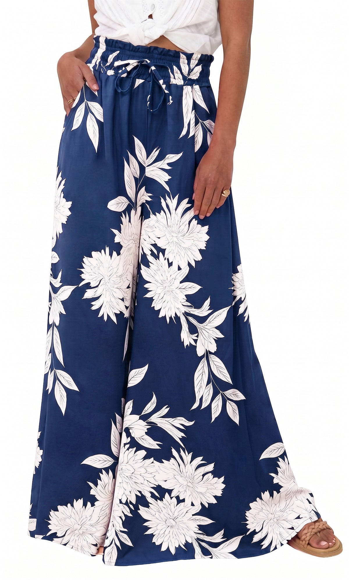 WQD Women's Wide Leg Pants Casual Elastic Waist Printed Palazzo Pants with Pockets Flowy Loose Trousers for Vacation Beach Travel