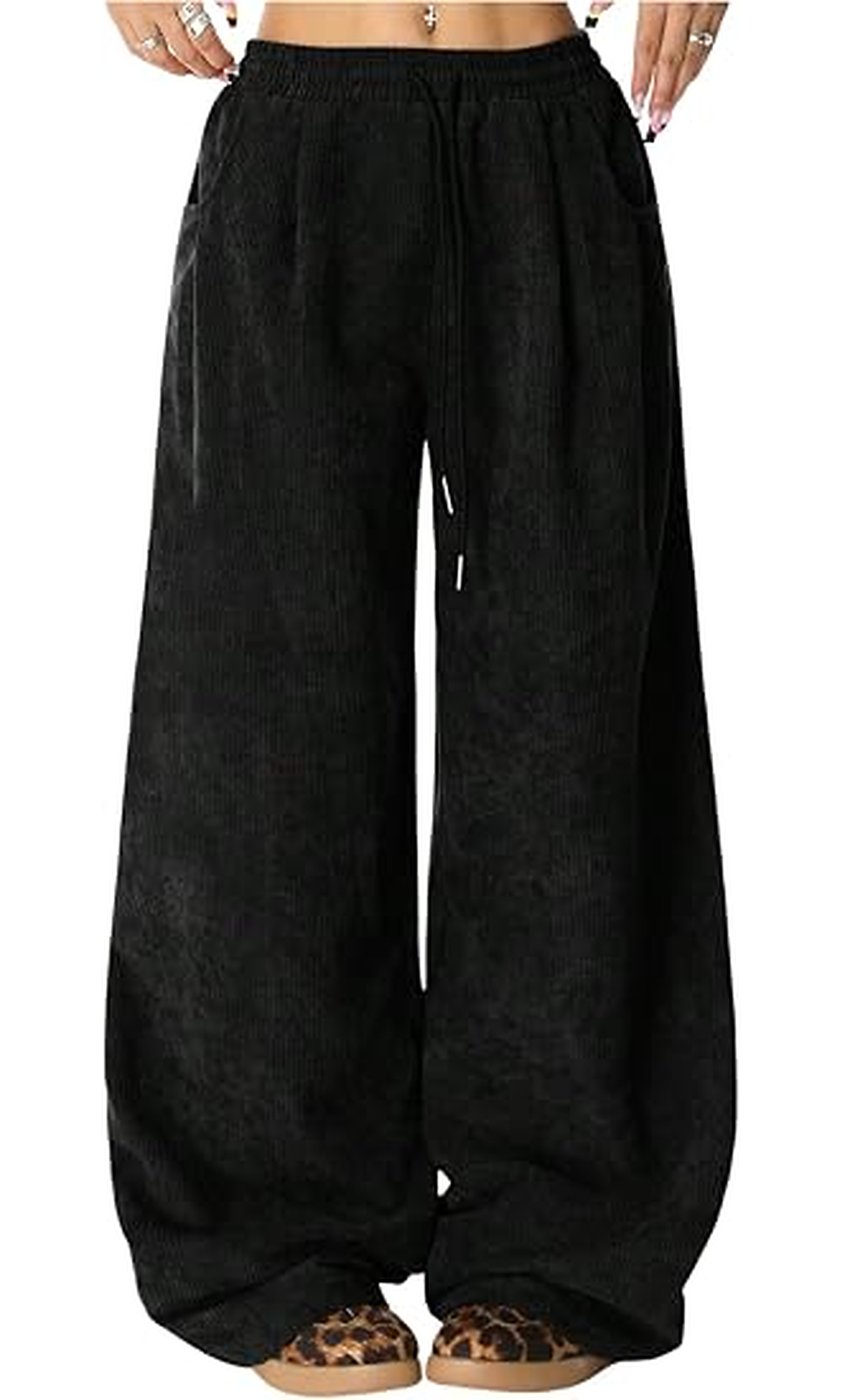 WQD Women's Wide Leg Corduroy Pants High Waisted Drawstring Casual Lounge Trousers with Pockets Relaxed Fit for Fall Winter