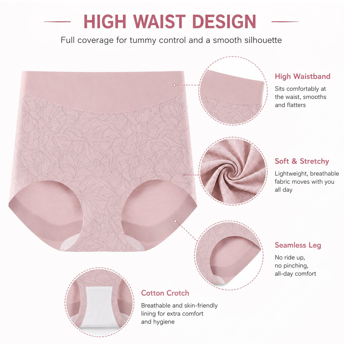High Waisted Panties for Women 2 Pack Seamless Full Coverage No Show Underwear Soft Stretch Breathable Floral Jacquard Briefs Available in Plus Size