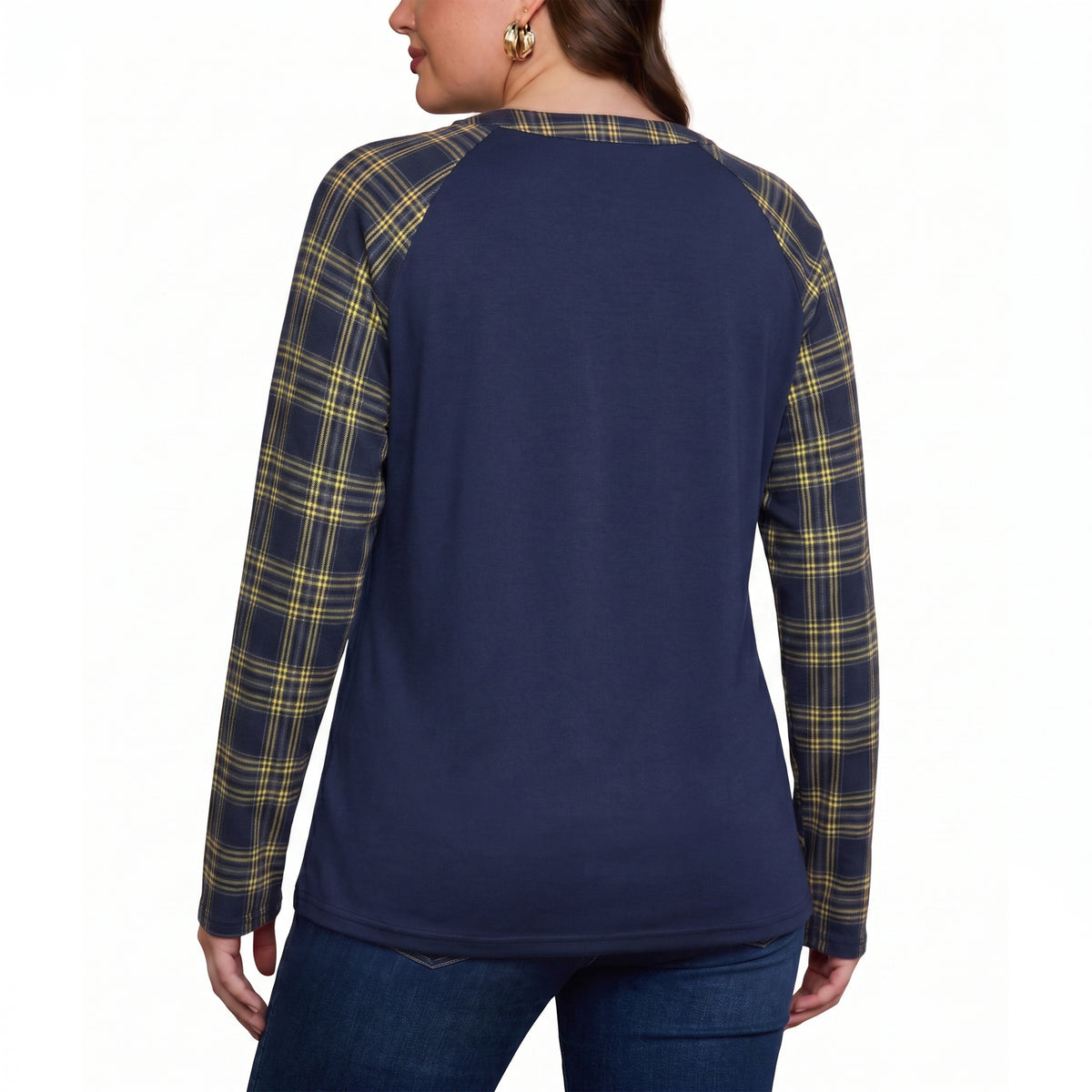 WQD Women's Long Sleeve Tops Plaid Raglan Sleeve Henley Tunic Shirt V Neck Button Casual Top for Spring Fall Winter