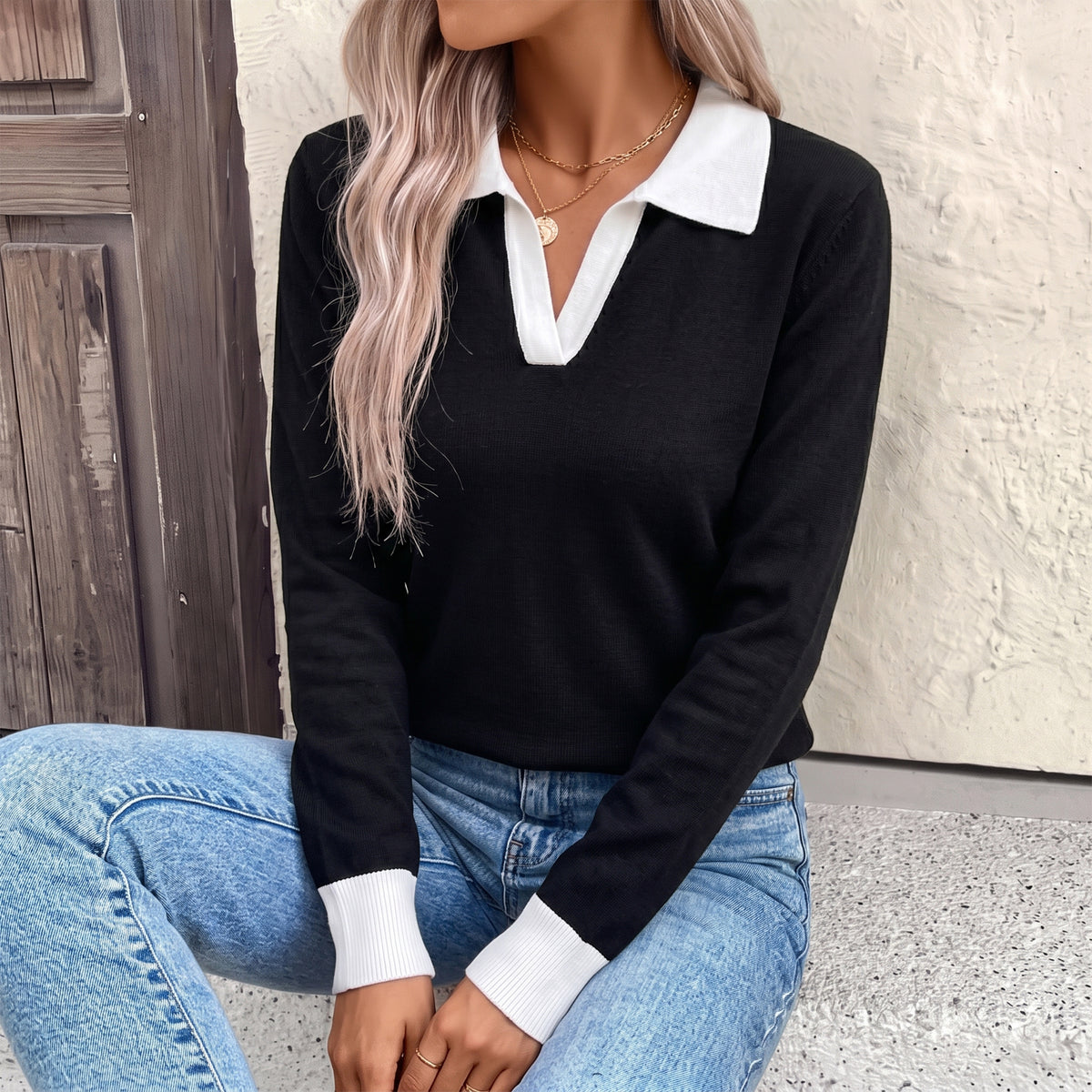 Sweaters for Women Polo Sweater Women Long Sleeve Rib Knit V Neck Pullover Lightweight Knit Top for Spring Fall Winter