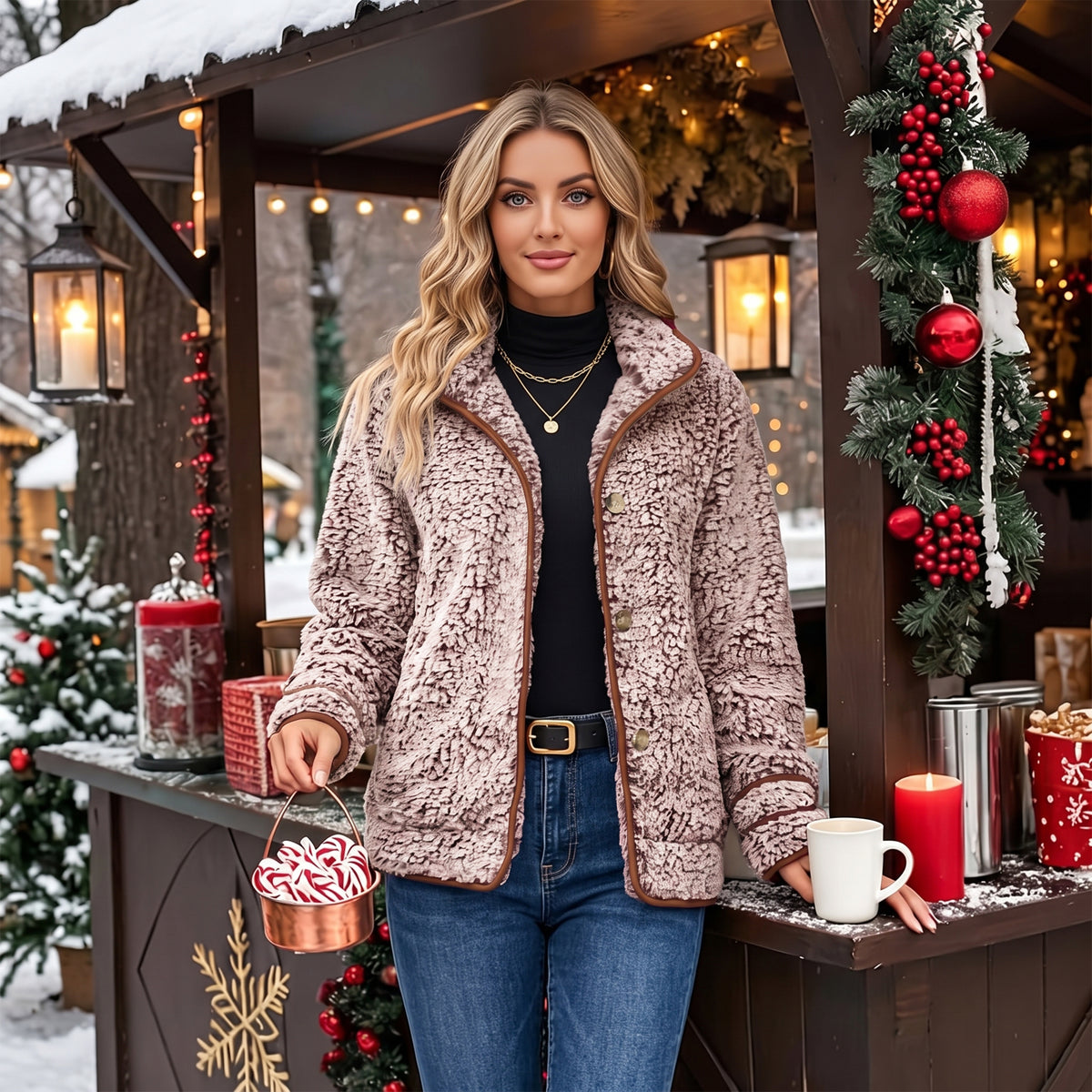 Women's Fleece Jacket Sherpa Teddy Fleece Coat Button Front Warm Outerwear with Pockets Stand Collar for Fall Winter