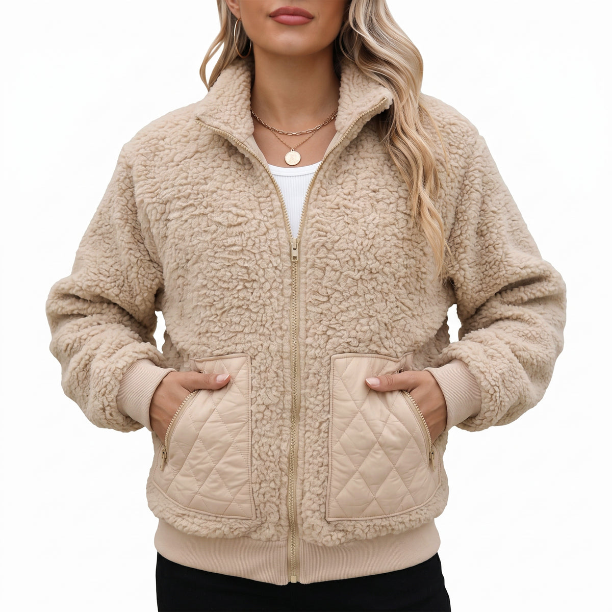 Womens Fleece Jacket Lightweight Zip Up Casual Long Sleeve Jacket with Quilted Pockets Cozy Fall Winter Outerwear