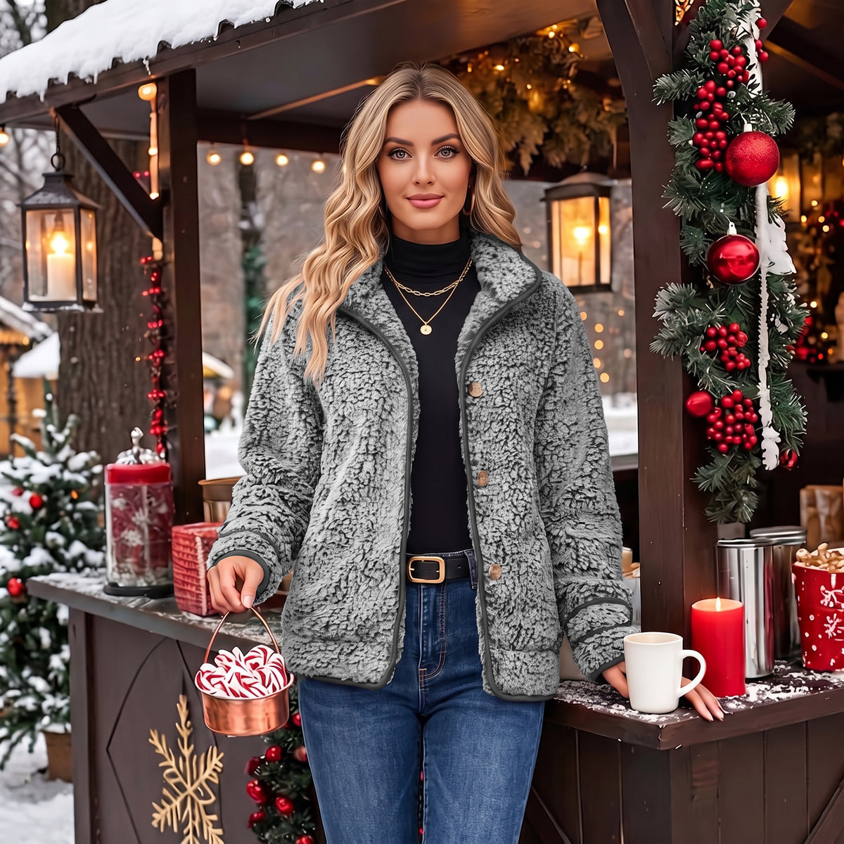 Women's Fleece Jacket Sherpa Teddy Fleece Coat Button Front Warm Outerwear with Pockets Stand Collar for Fall Winter