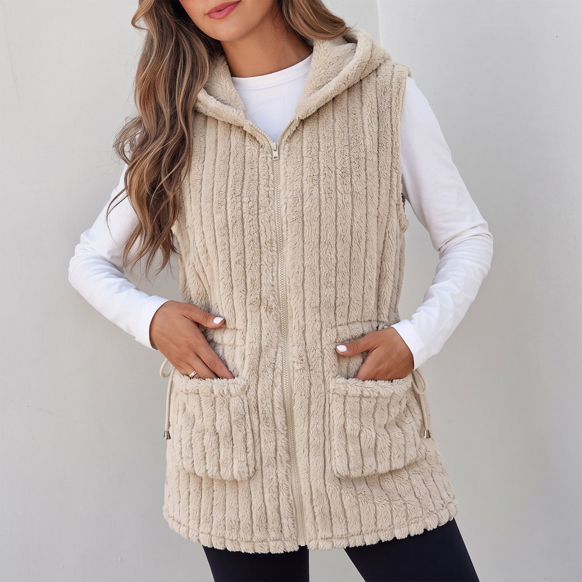 Womens Fleece Vest Hooded Sherpa Zip Front Sleeveless Jacket with Pockets Drawstring Waist Warm Outerwear for Spring Fall Winter