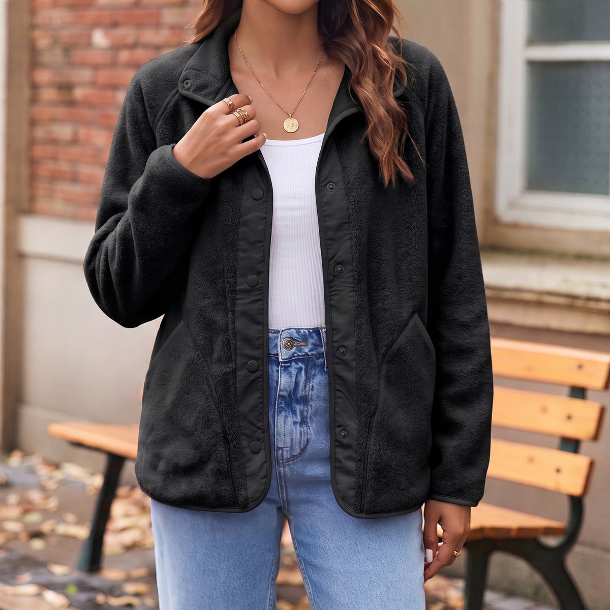 Women's Fleece Jacket Lightweight Stand Collar Long Sleeve Snap Button Front Outerwear Jacket with Side Pockets