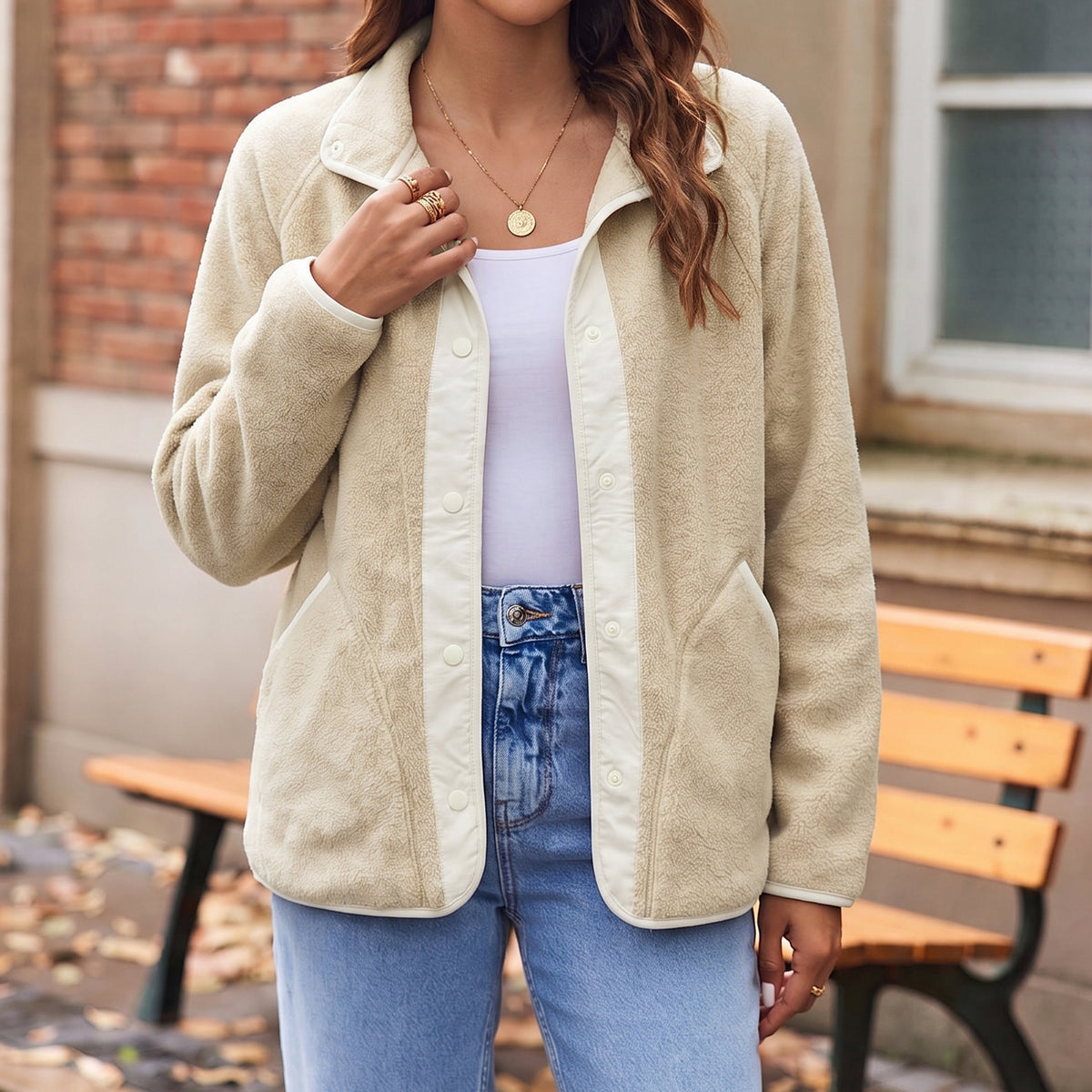 Women's Fleece Jacket Lightweight Stand Collar Long Sleeve Snap Button Front Outerwear Jacket with Side Pockets