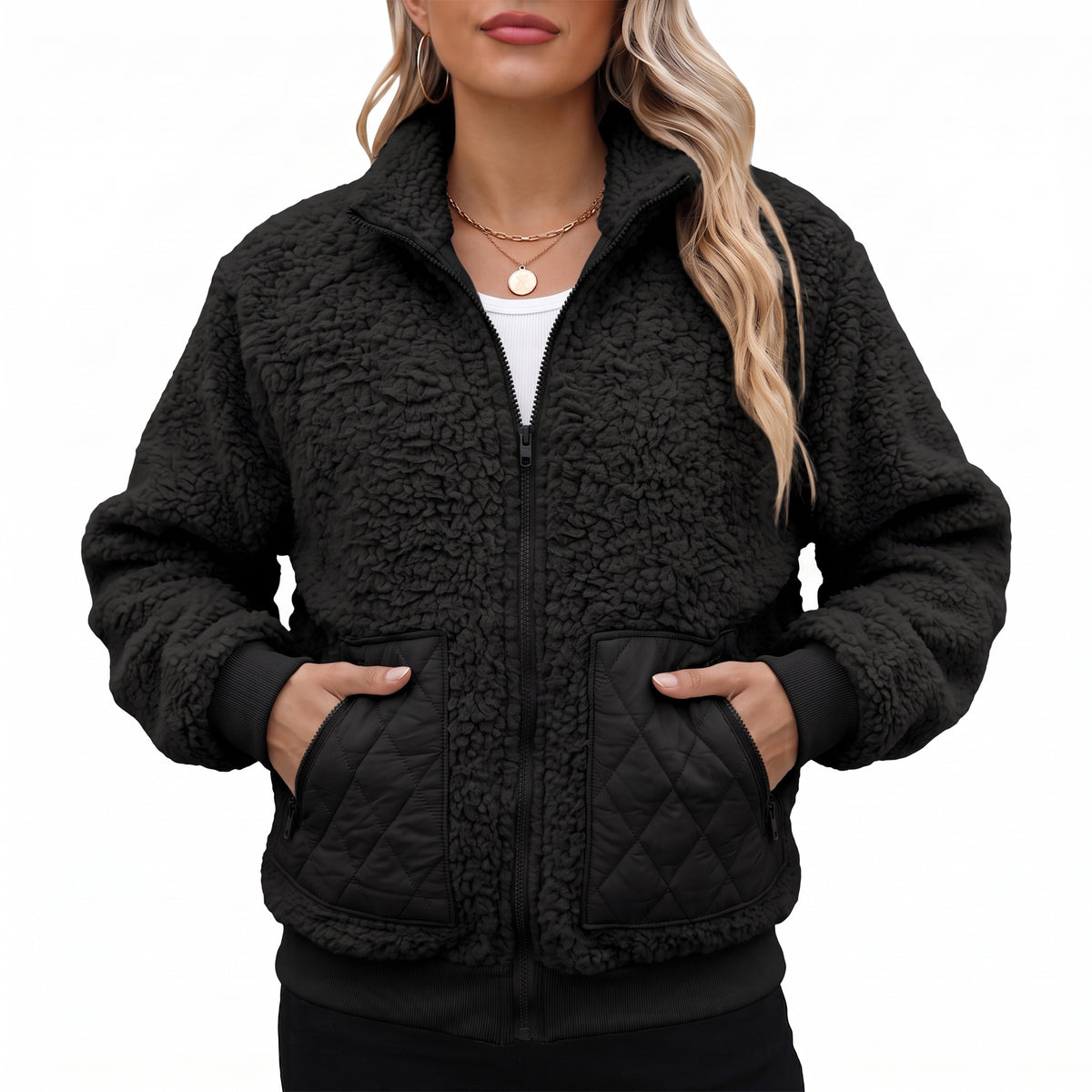 Womens Fleece Jacket Lightweight Zip Up Casual Long Sleeve Jacket with Quilted Pockets Cozy Fall Winter Outerwear