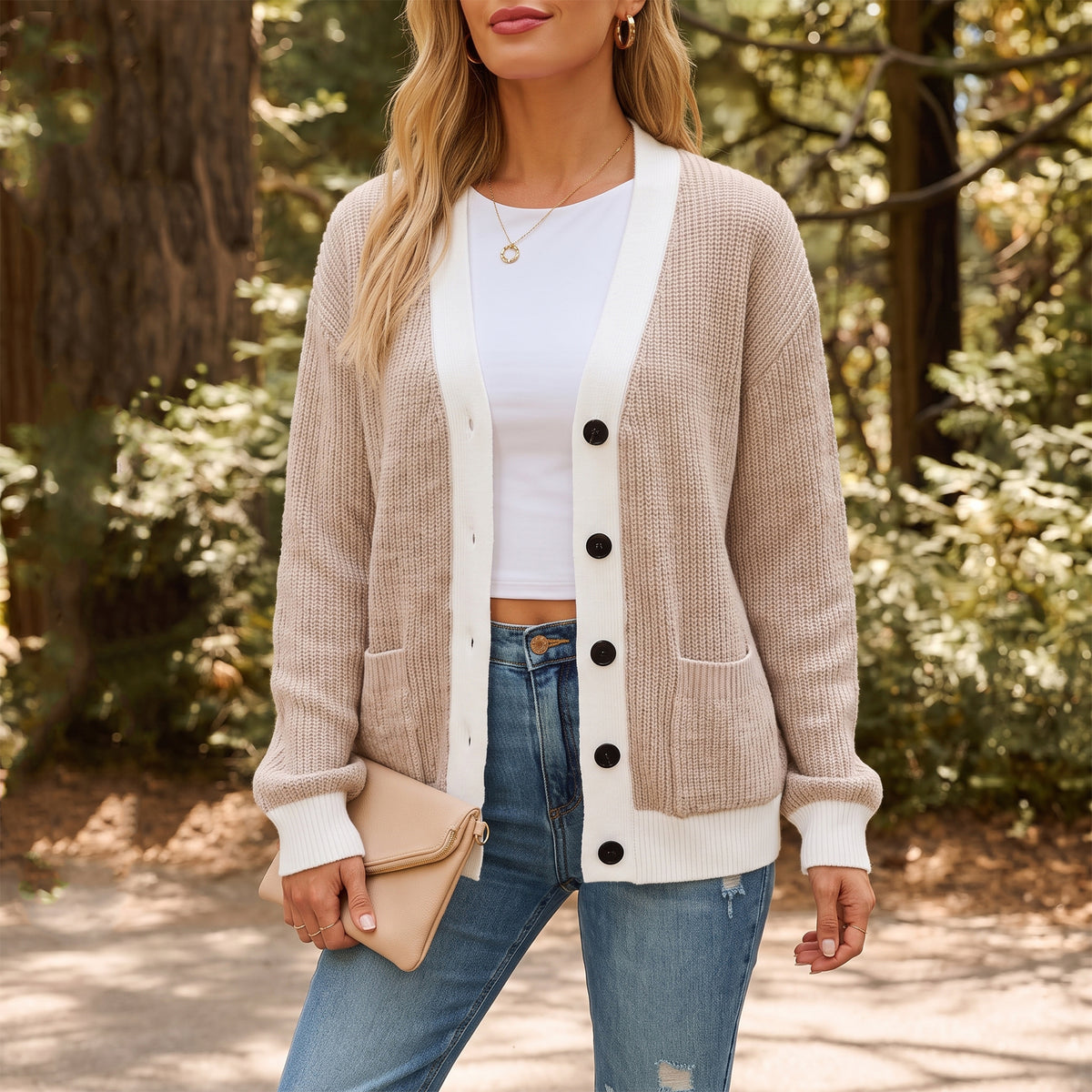 WQD Cardigan Sweaters for Women Button up Long Sleeve Knit Cardigan with Contrast Trim and Pockets for Spring Fall Winter