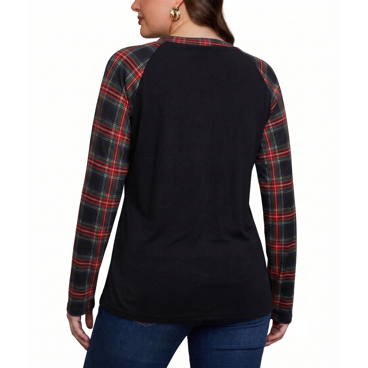 WQD Women's Long Sleeve Tops Plaid Raglan Sleeve Henley Tunic Shirt V Neck Button Casual Top for Spring Fall Winter