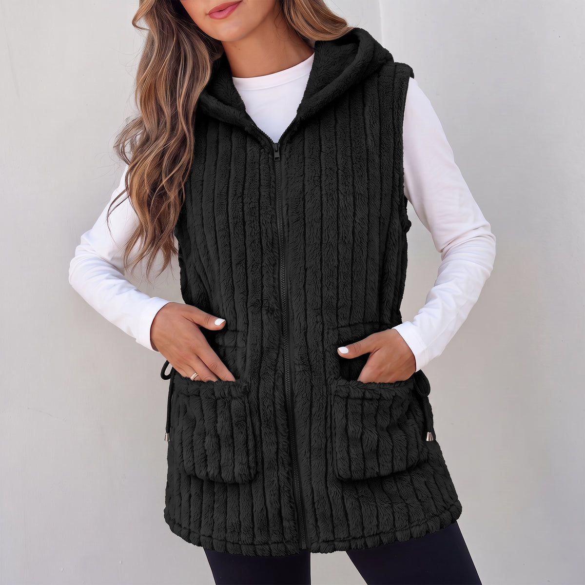 Womens Fleece Vest Hooded Sherpa Zip Front Sleeveless Jacket with Pockets Drawstring Waist Warm Outerwear for Spring Fall Winter