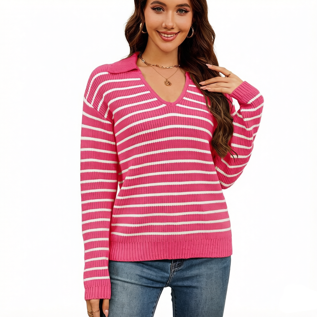 WQD Sweaters for Women Striped V Neck Collared Lightweight Knit Pullover Long Sleeve Casual Sweater for Spring Fall Winter