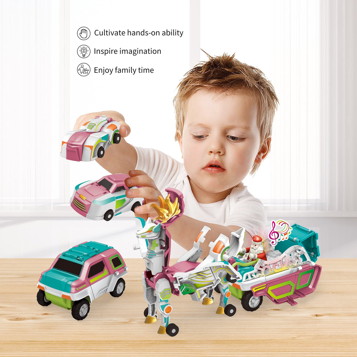 Flynow Transforming Cars – 3 in 1 Collision Toy Cars Turns into Reindeer Carriage with LED Lights, Cool Robots Car Toys for Kids Birthday Gift for Boys and Girls 3-10 Years Old