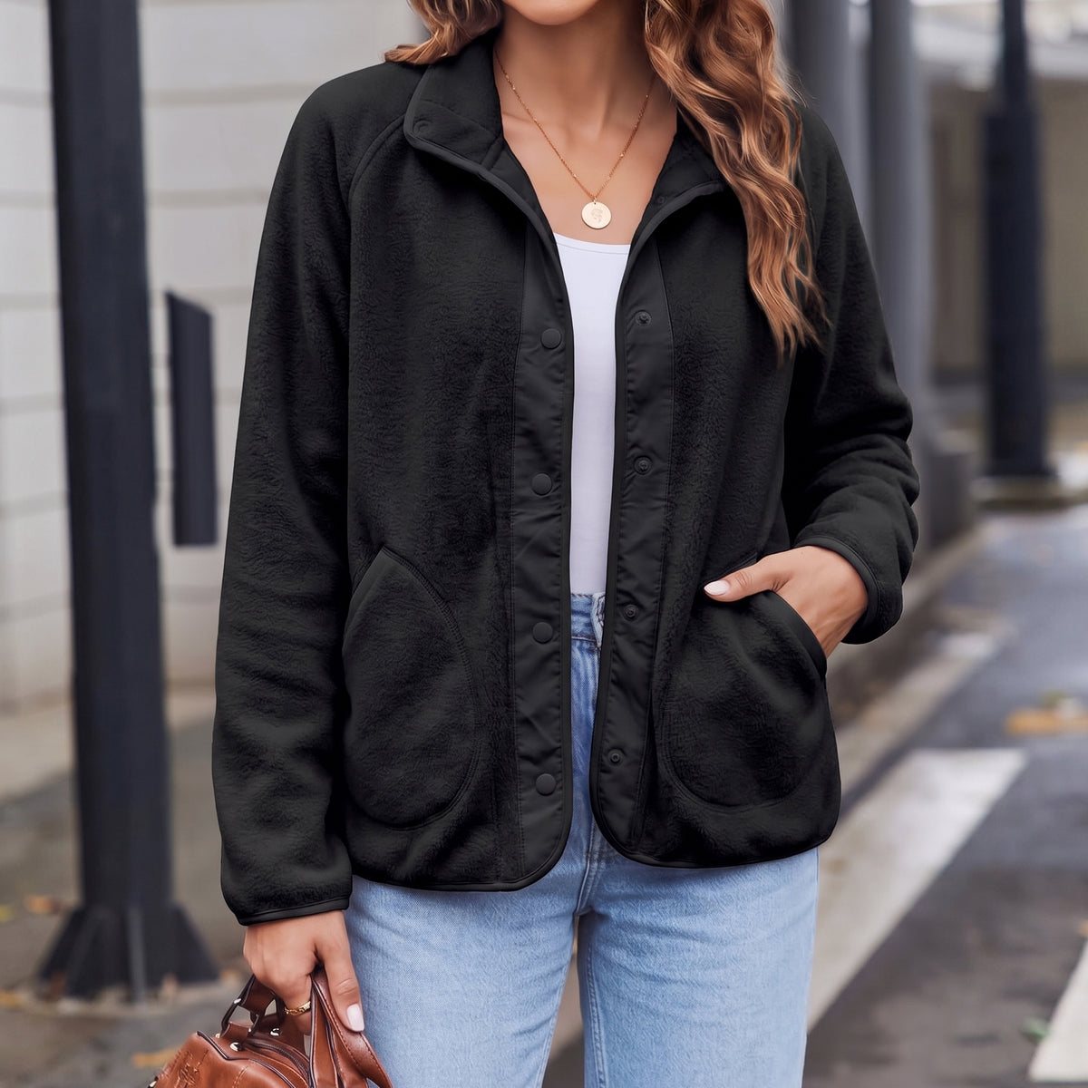 Women's Fleece Jacket Lightweight Stand Collar Long Sleeve Snap Button Front Outerwear Jacket with Side Pockets
