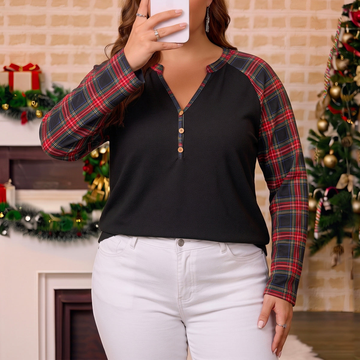 WQD Women's Long Sleeve Tops Plaid Raglan Sleeve Henley Tunic Shirt V Neck Button Casual Top for Spring Fall Winter
