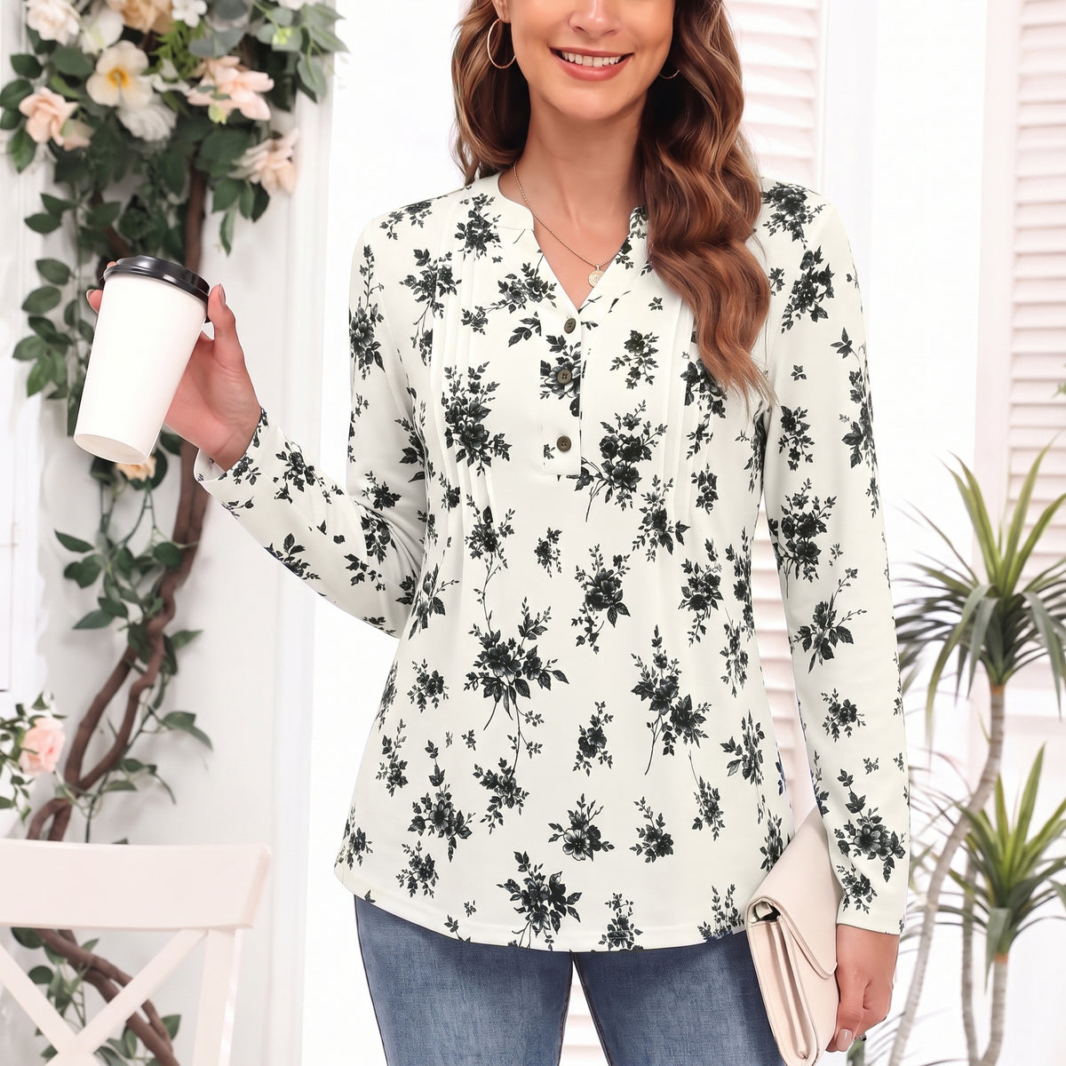Women's Long Sleeve Tunic Tops Floral Pintuck Blouses Popover Shirts Dressy Casual Tops for Leggings Spring Fall Available in Sizes S-4XL