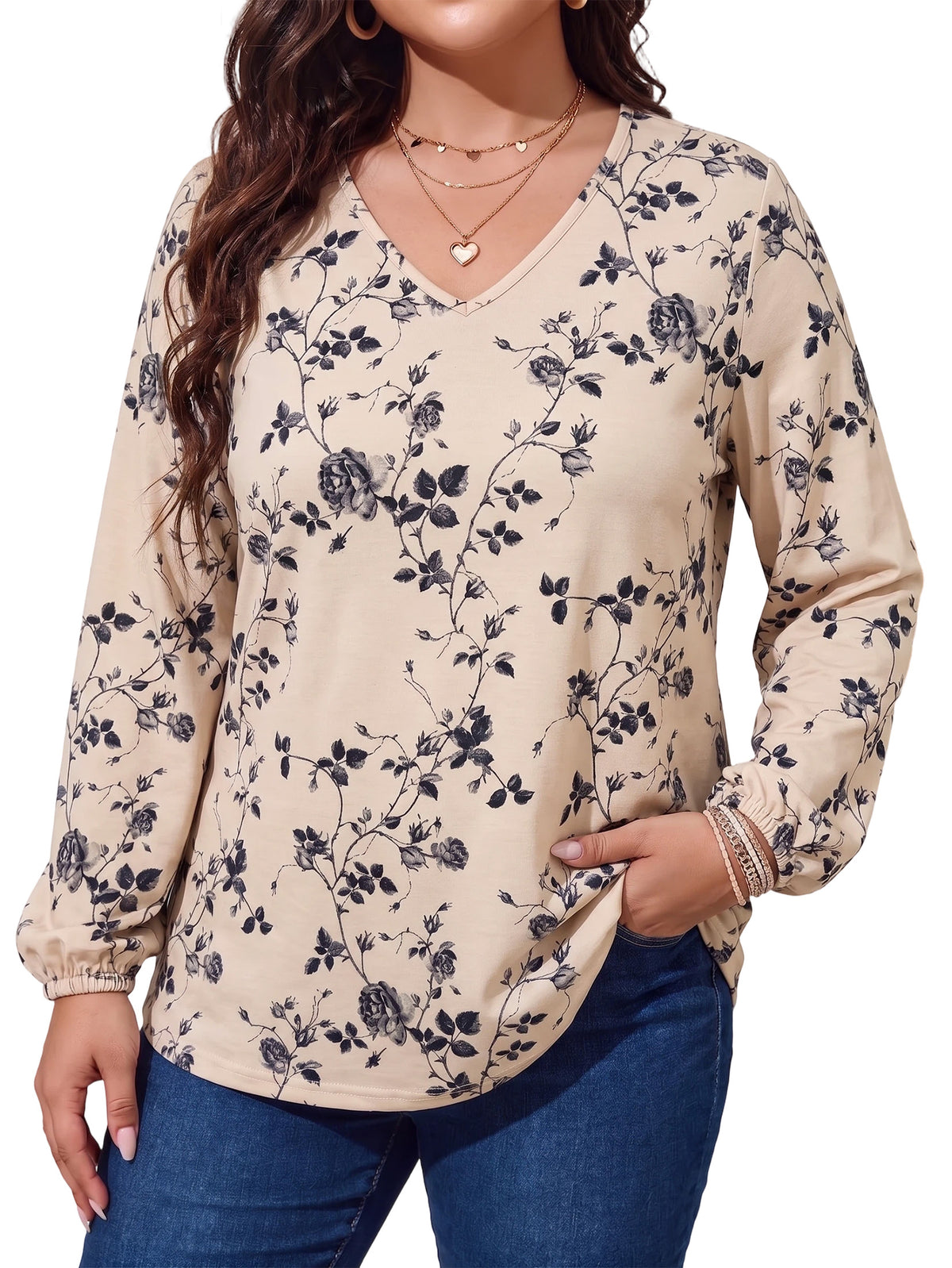 Women's Long Sleeve Floral Blouses V Neck Casual Tops Lightweight Printed Shirts for Spring Fall Winter Available in Plus Size