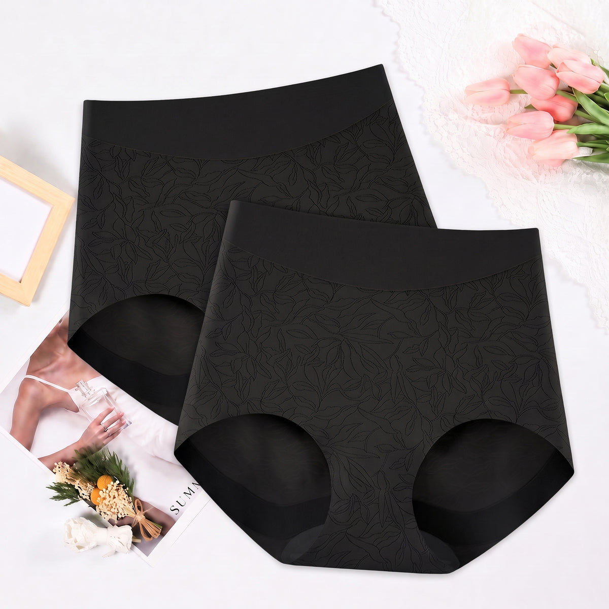 High Waisted Panties for Women 2 Pack Seamless Full Coverage No Show Underwear Soft Stretch Breathable Floral Jacquard Briefs Available in Plus Size