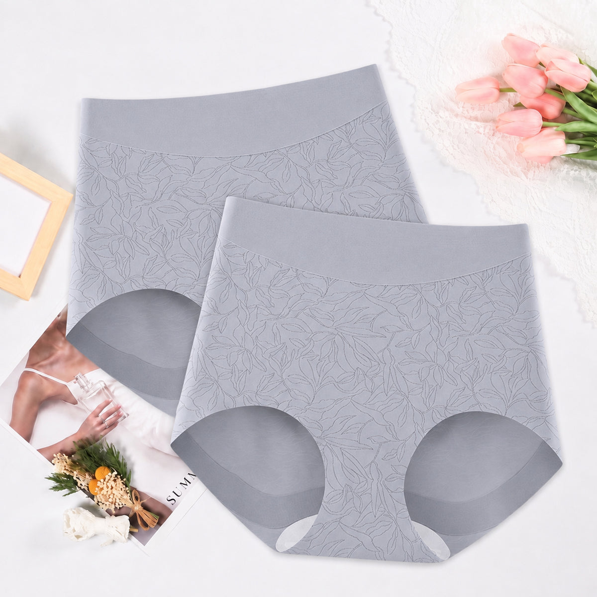 High Waisted Panties for Women 2 Pack Seamless Full Coverage No Show Underwear Soft Stretch Breathable Floral Jacquard Briefs Available in Plus Size